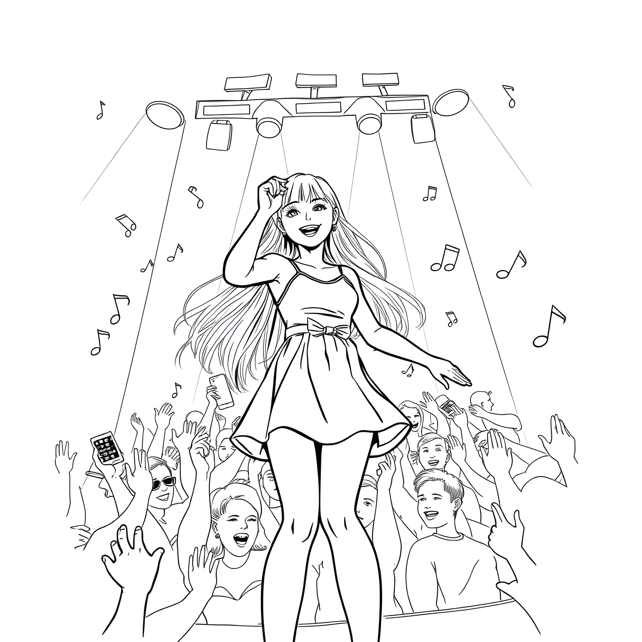 Teenage Girl Performing on Stage with Crowd Coloring Page (free black-and-white line drawing printable PDF for all, from beginners to advanced learners, including children, teens, adults, and seniors)