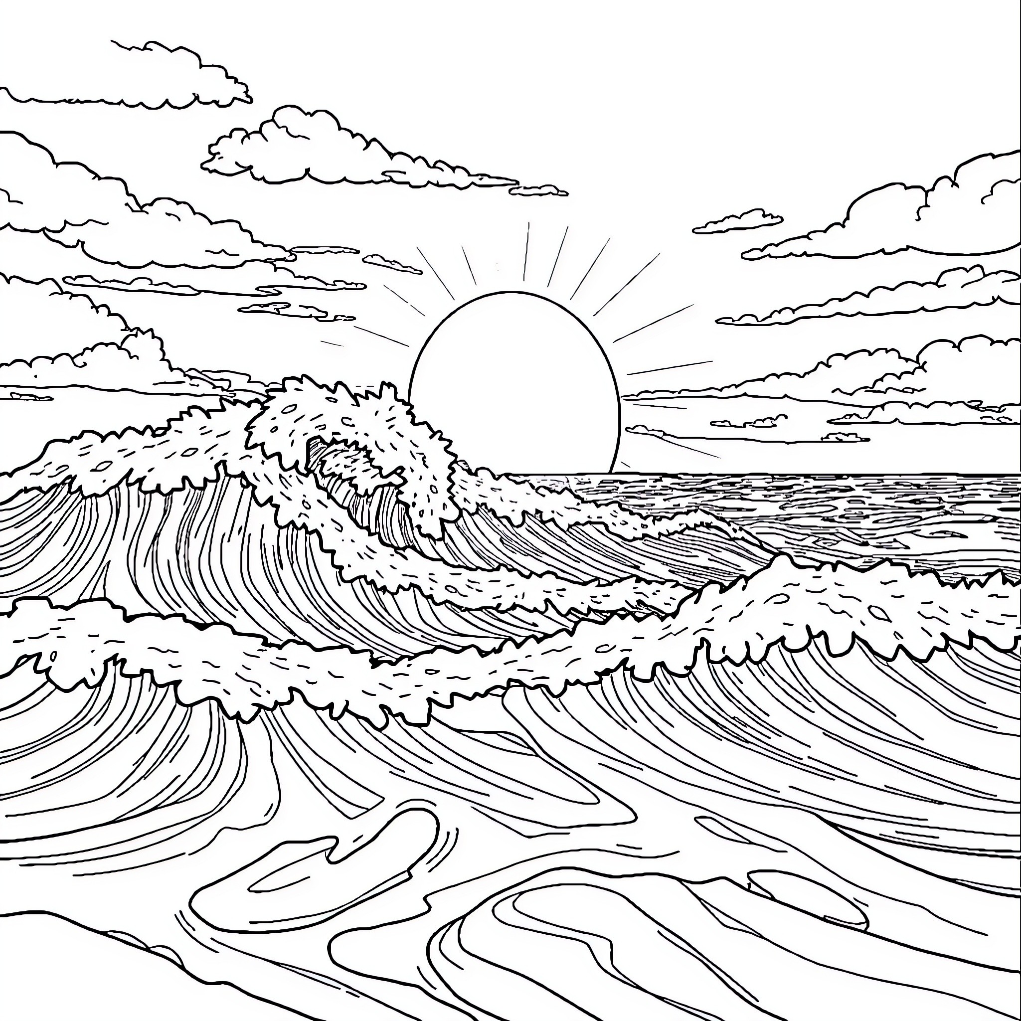 Light Waves Crashing Against the Horizon Coloring Page (free black-and-white line drawing printable PDF for all, from beginners to advanced learners, including children, teens, adults, and seniors)