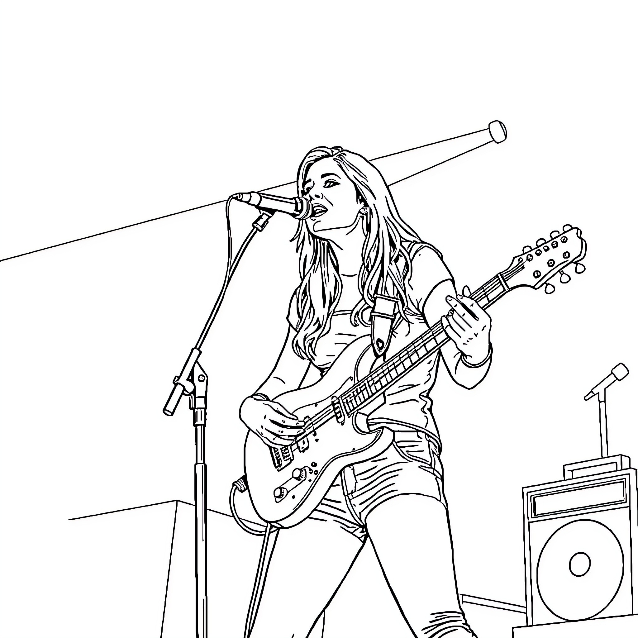 Avril Lavigne performing on stage with guitar Coloring Page (free black-and-white line drawing printable PDF for all, from beginners to advanced learners, including children, teens, adults, and seniors)