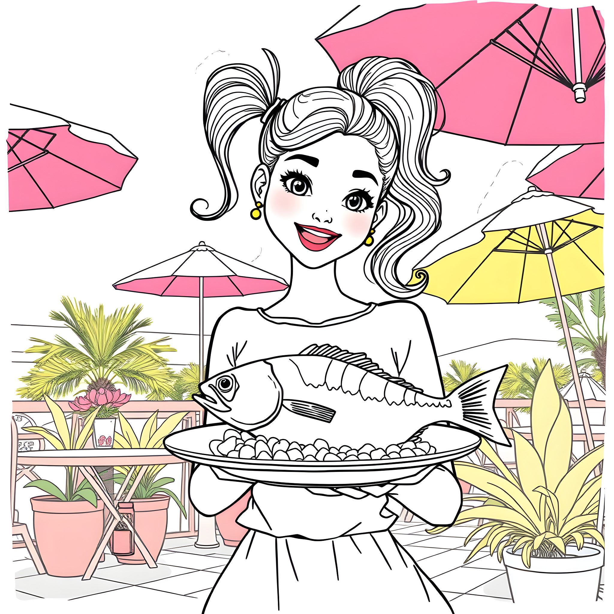 Woman serving a fish dish on a sunny terrace Coloring Page (free black-and-white line drawing printable PDF for all, from beginners to advanced learners, including children, teens, adults, and seniors)