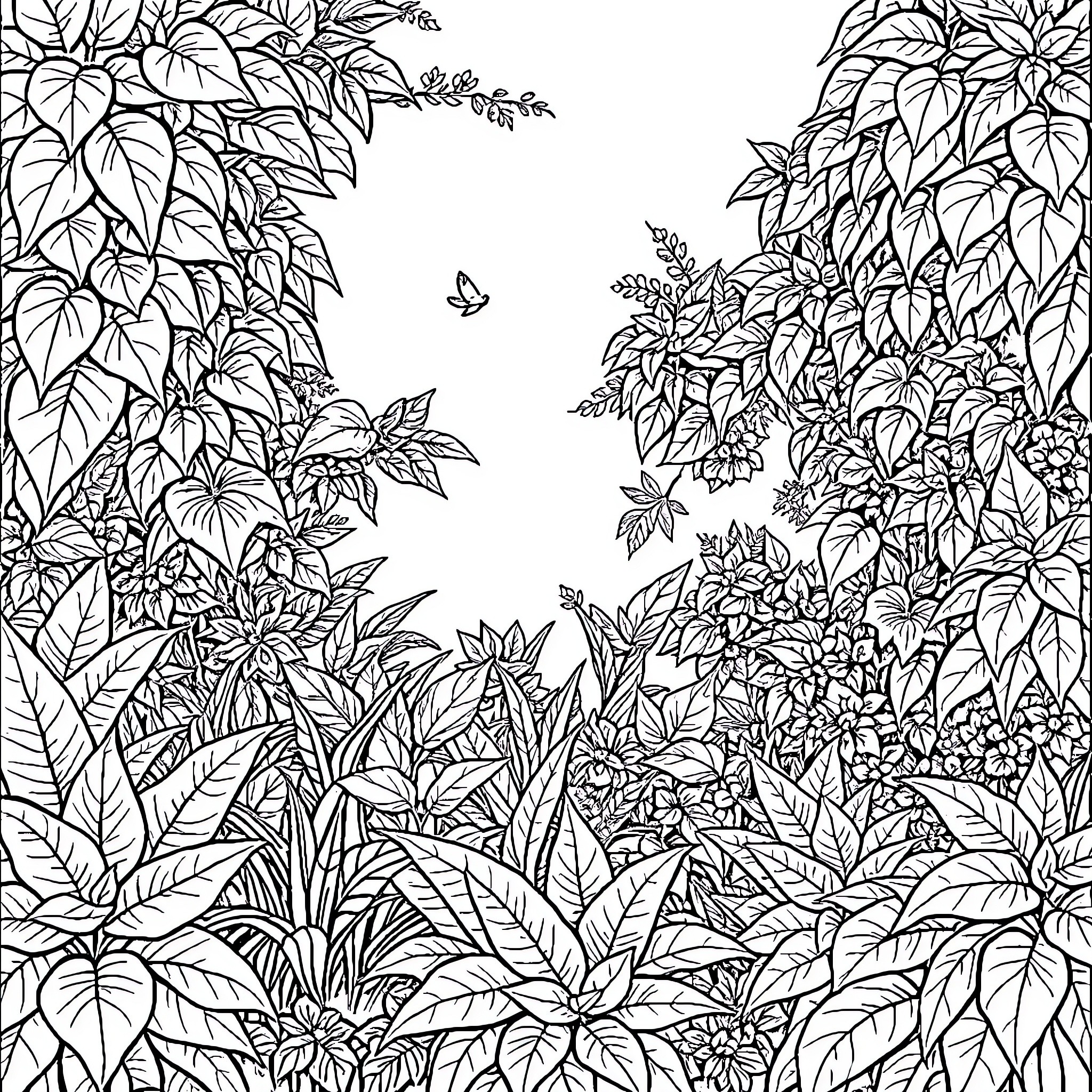 Plant with lush foliage and intricate details Coloring Page (free black-and-white line drawing printable PDF for all, from beginners to advanced learners, including children, teens, adults, and seniors)