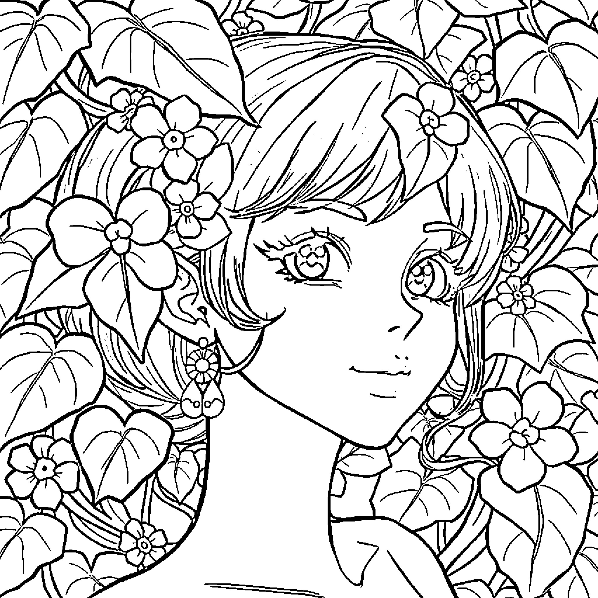 Ivy's Flowery Escape Coloring Page (free black-and-white line drawing printable PDF for all, from beginners to advanced learners, including children, teens, adults, and seniors)