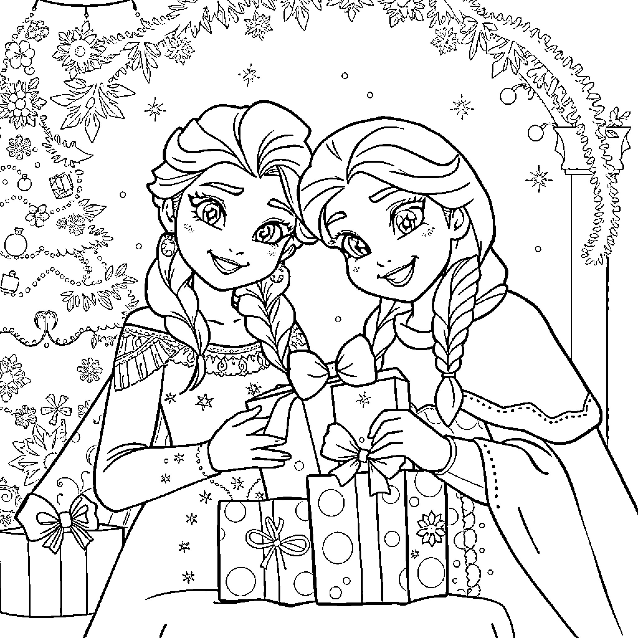 Elsa and Anna exchanging Christmas gifts Coloring Page (free black-and-white line drawing printable PDF for all, from beginners to advanced learners, including children, teens, adults, and seniors)