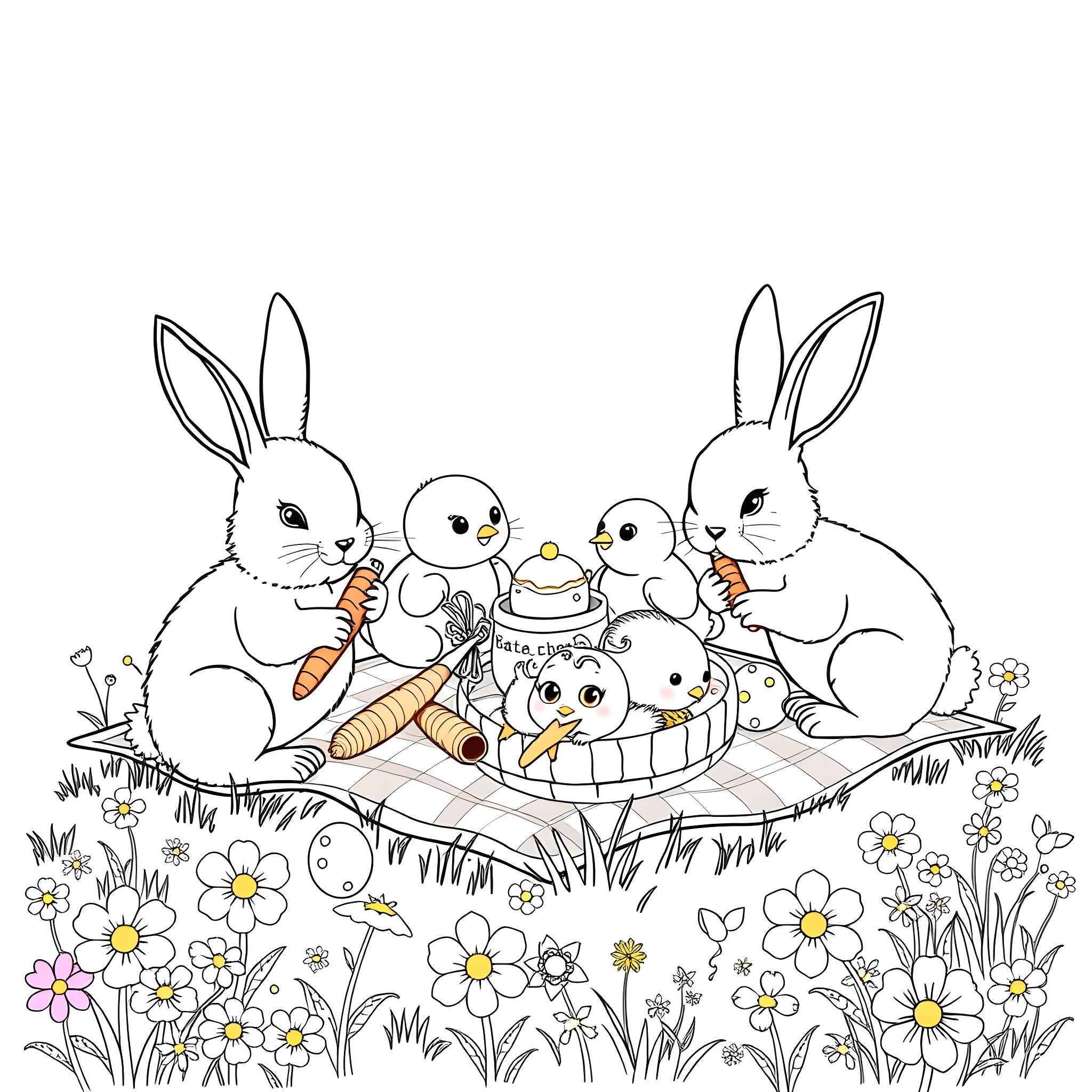 Bunny family enjoying a picnic in the meadow Coloring Page (free black-and-white line drawing printable PDF for all, from beginners to advanced learners, including children, teens, adults, and seniors)