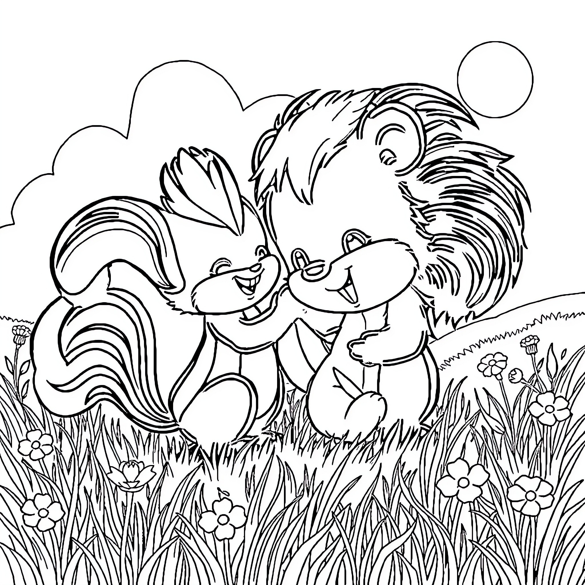 Spunkies Playing Happily in Flower Field Coloring Page (free black-and-white line drawing printable PDF for all, from beginners to advanced learners, including children, teens, adults, and seniors)