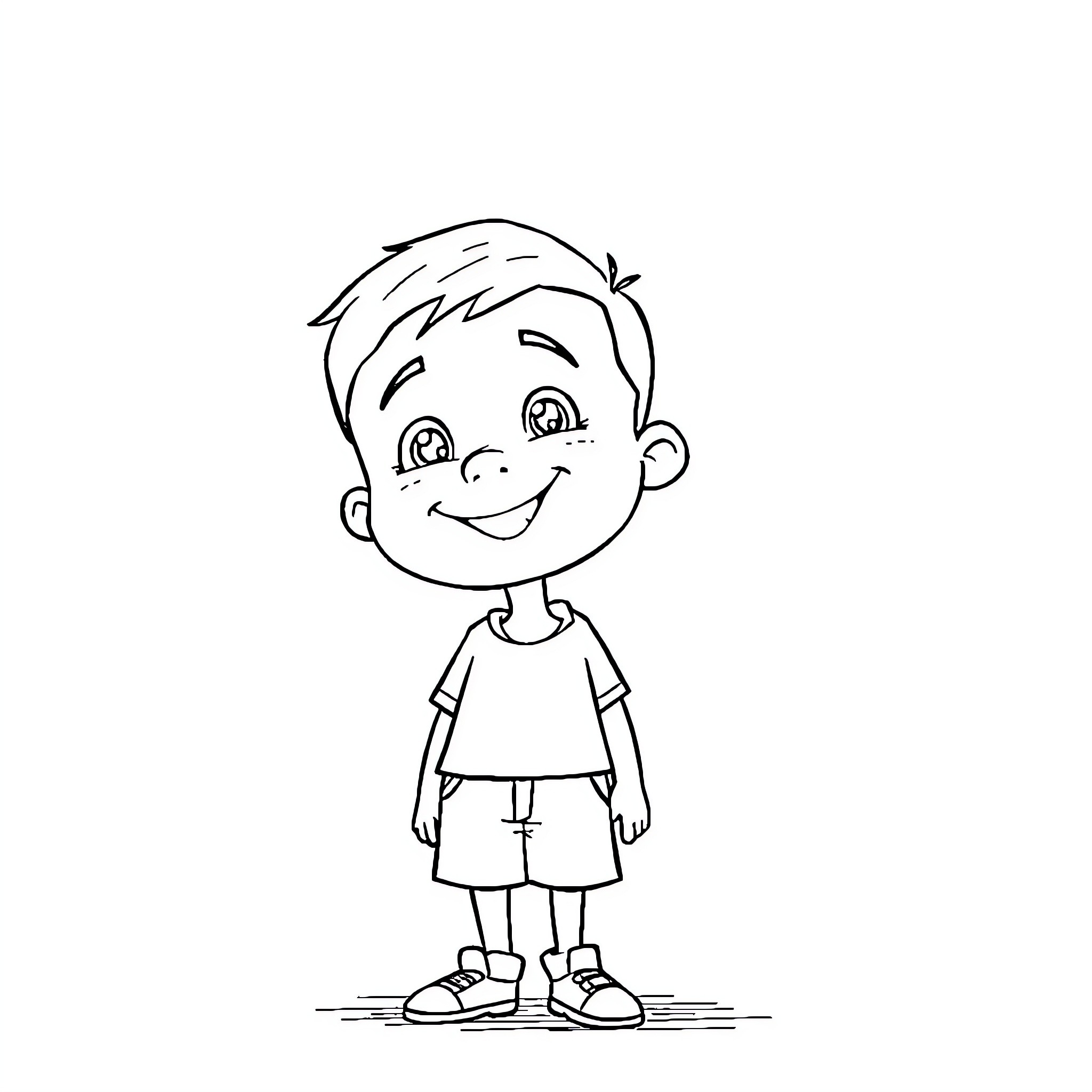Boy smiling joyfully in simple outfit Coloring Page (free black-and-white line drawing printable PDF for all, from beginners to advanced learners, including children, teens, adults, and seniors)