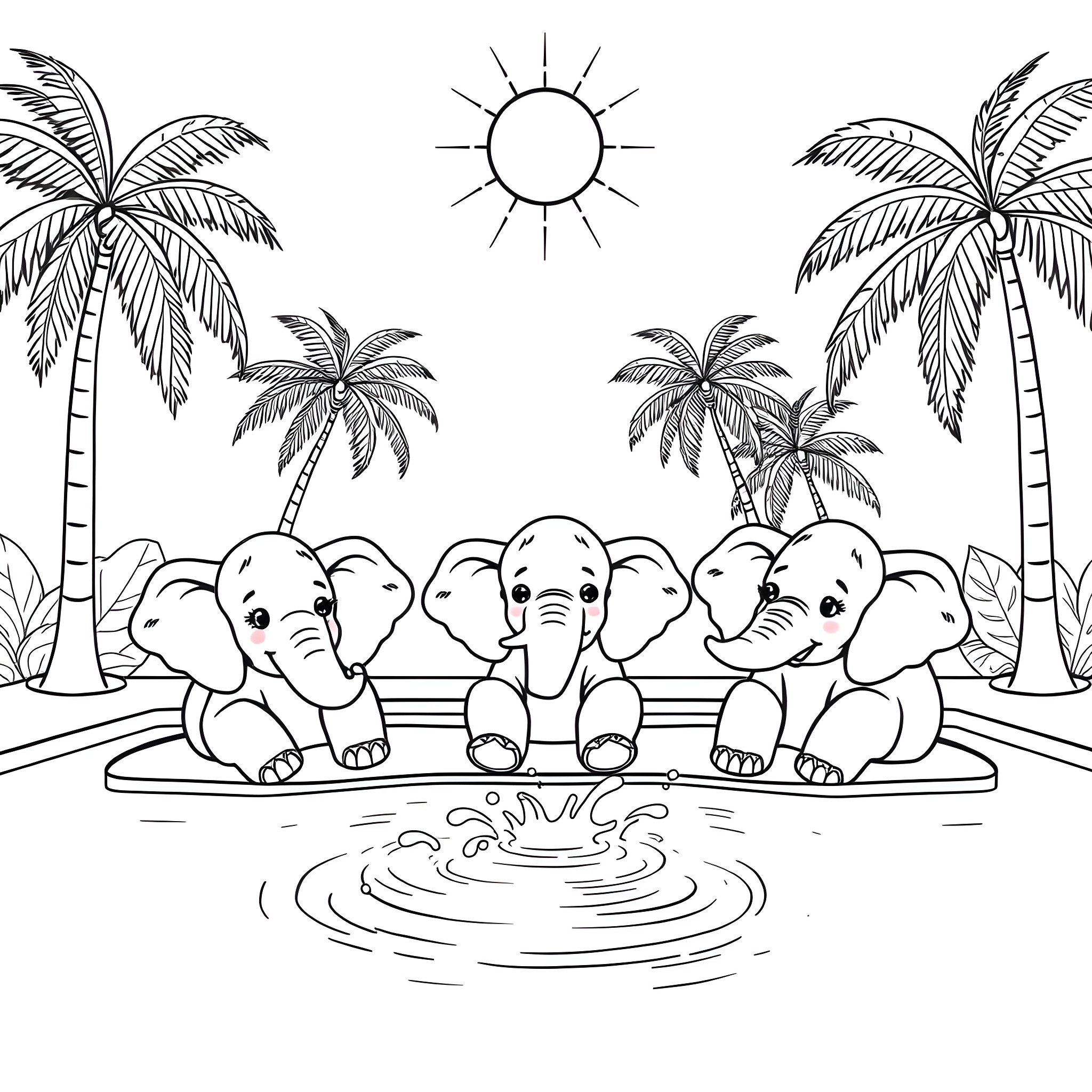 Elephant babies enjoying a tropical day at the beach Coloring Page (free black-and-white line drawing printable PDF for all, from beginners to advanced learners, including children, teens, adults, and seniors)