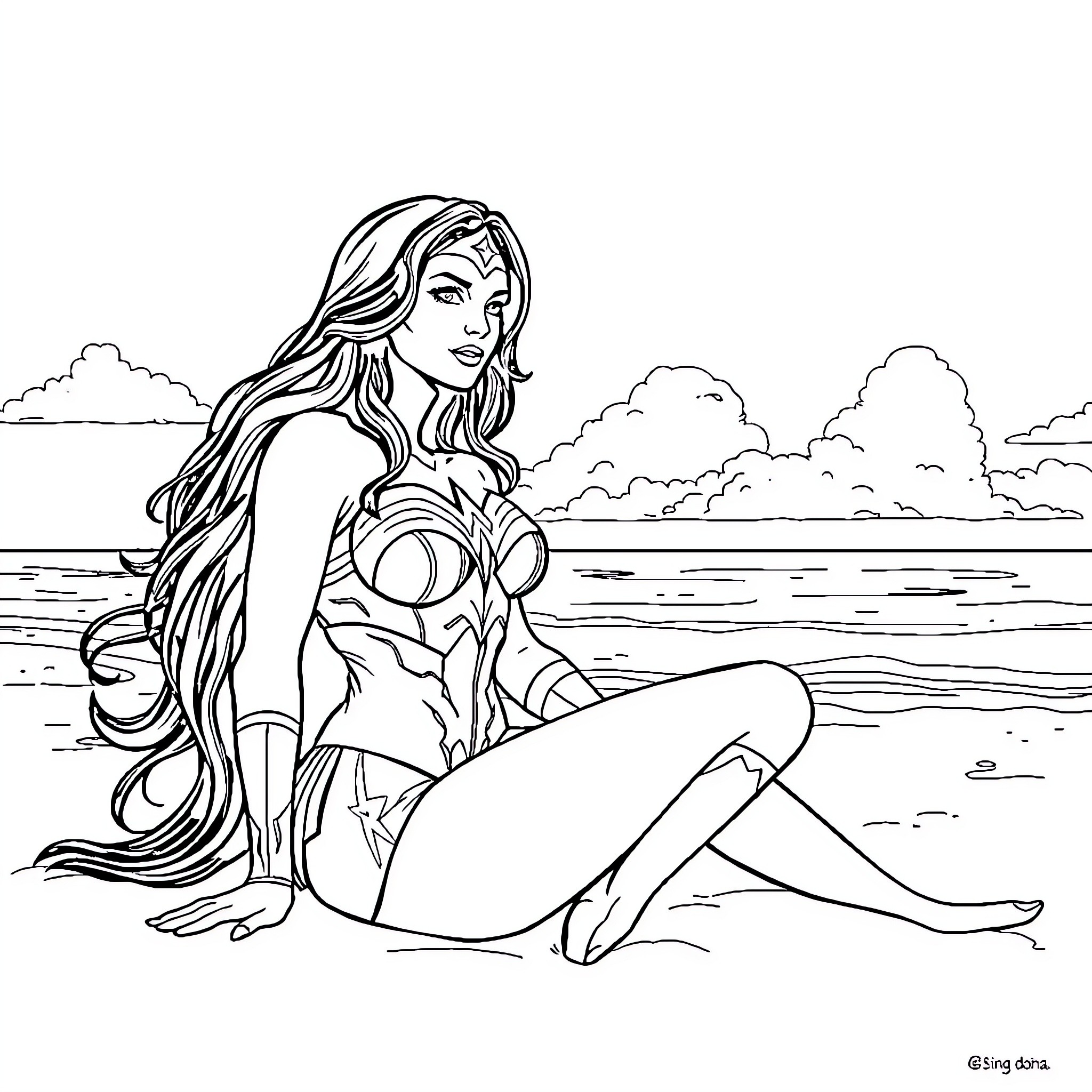 Wonder Woman relaxing on the beach Coloring Page (free black-and-white line drawing printable PDF for all, from beginners to advanced learners, including children, teens, adults, and seniors)