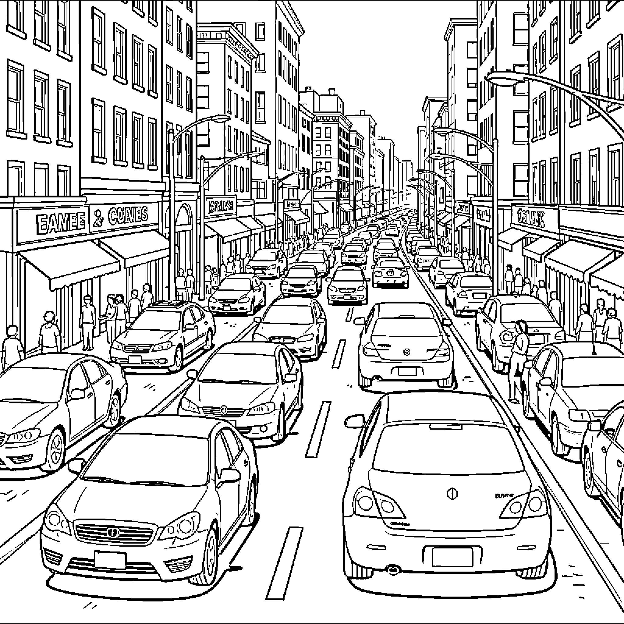 Car driving through a busy city street scene Coloring Page (free black-and-white line drawing printable PDF for all, from beginners to advanced learners, including children, teens, adults, and seniors)