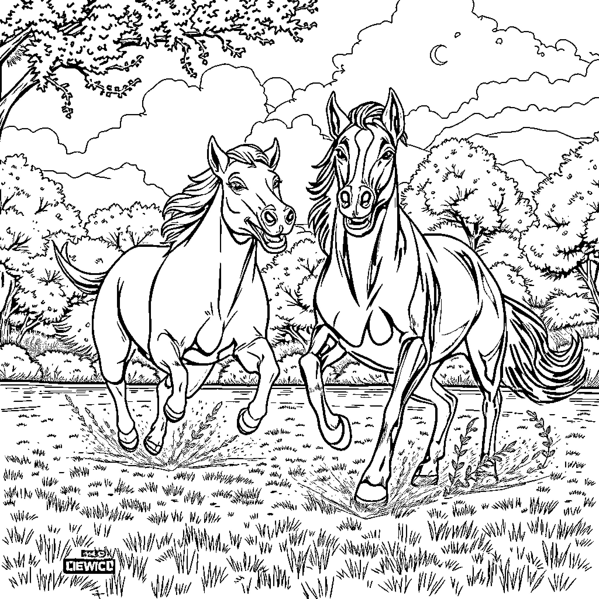 Dog friends playing happily in the meadow Coloring Page (free black-and-white line drawing printable PDF for all, from beginners to advanced learners, including children, teens, adults, and seniors)
