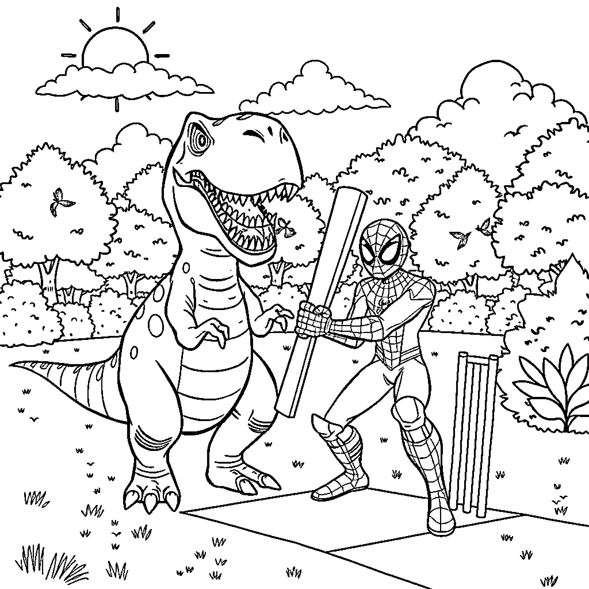 Dinosaur and Superhero Adventure in the Wilderness Coloring Page (free black-and-white line drawing printable PDF for all, from beginners to advanced learners, including children, teens, adults, and seniors)