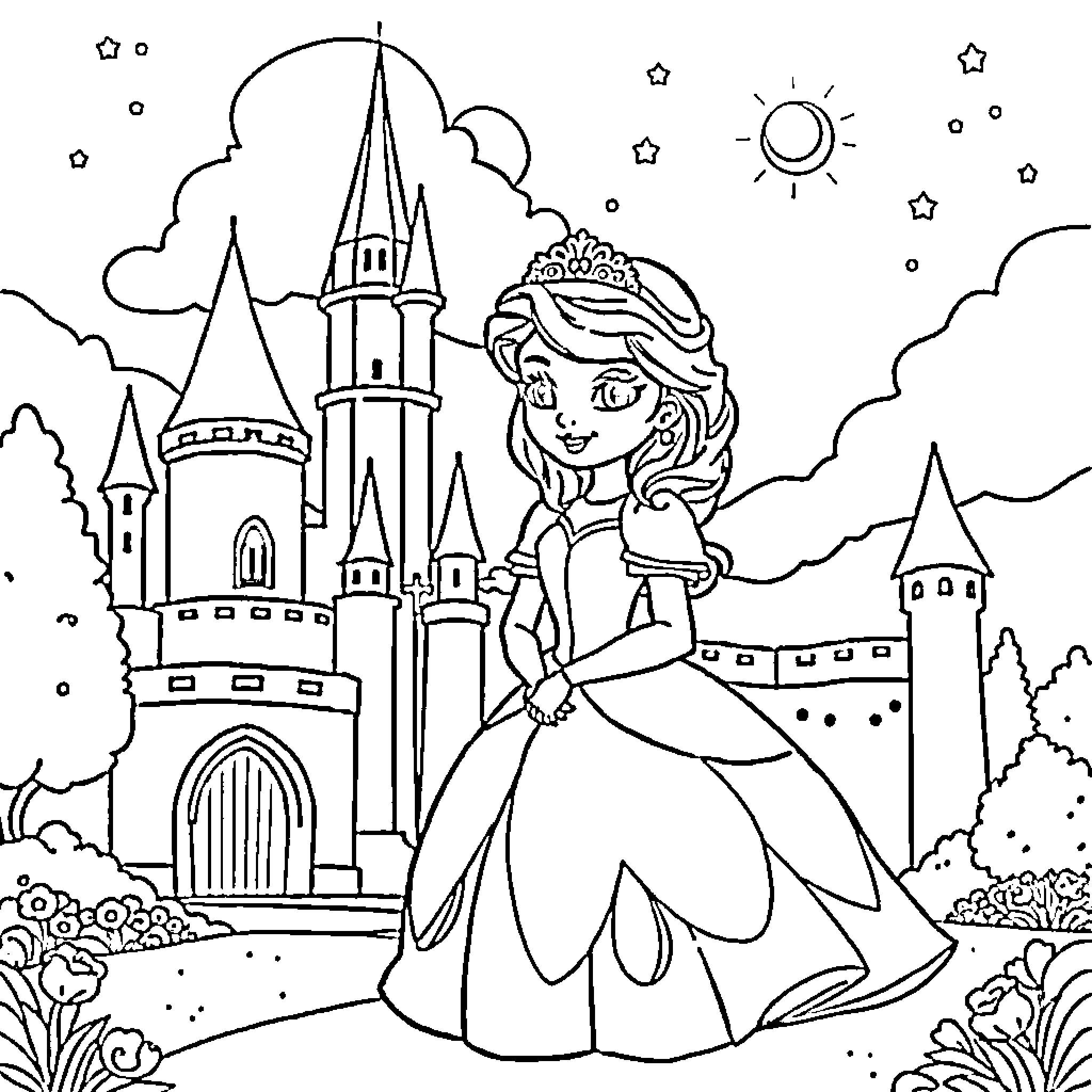 Sofia's Enchanted Castle Exploration Coloring Page (free black-and-white line drawing printable PDF for all, from beginners to advanced learners, including children, teens, adults, and seniors)