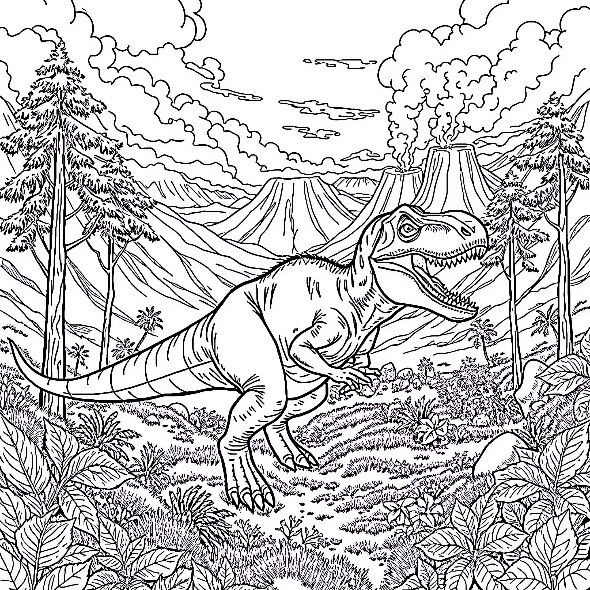 T-Rex Roaming Through Prehistoric Landscape Coloring Page (free black-and-white line drawing printable PDF for all, from beginners to advanced learners, including children, teens, adults, and seniors)