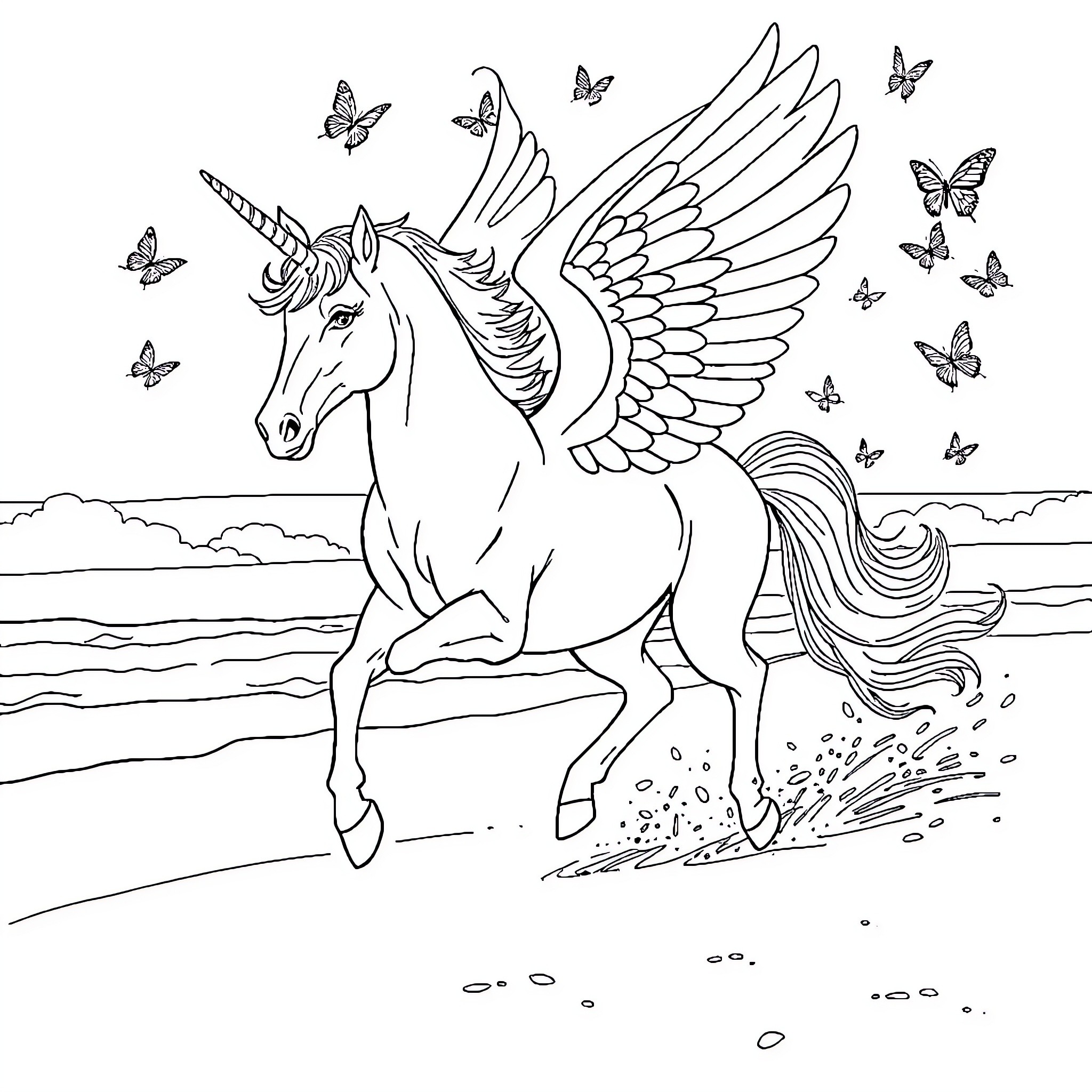 Unicorn soaring gracefully with butterflies Coloring Page (free black-and-white line drawing printable PDF for all, from beginners to advanced learners, including children, teens, adults, and seniors)