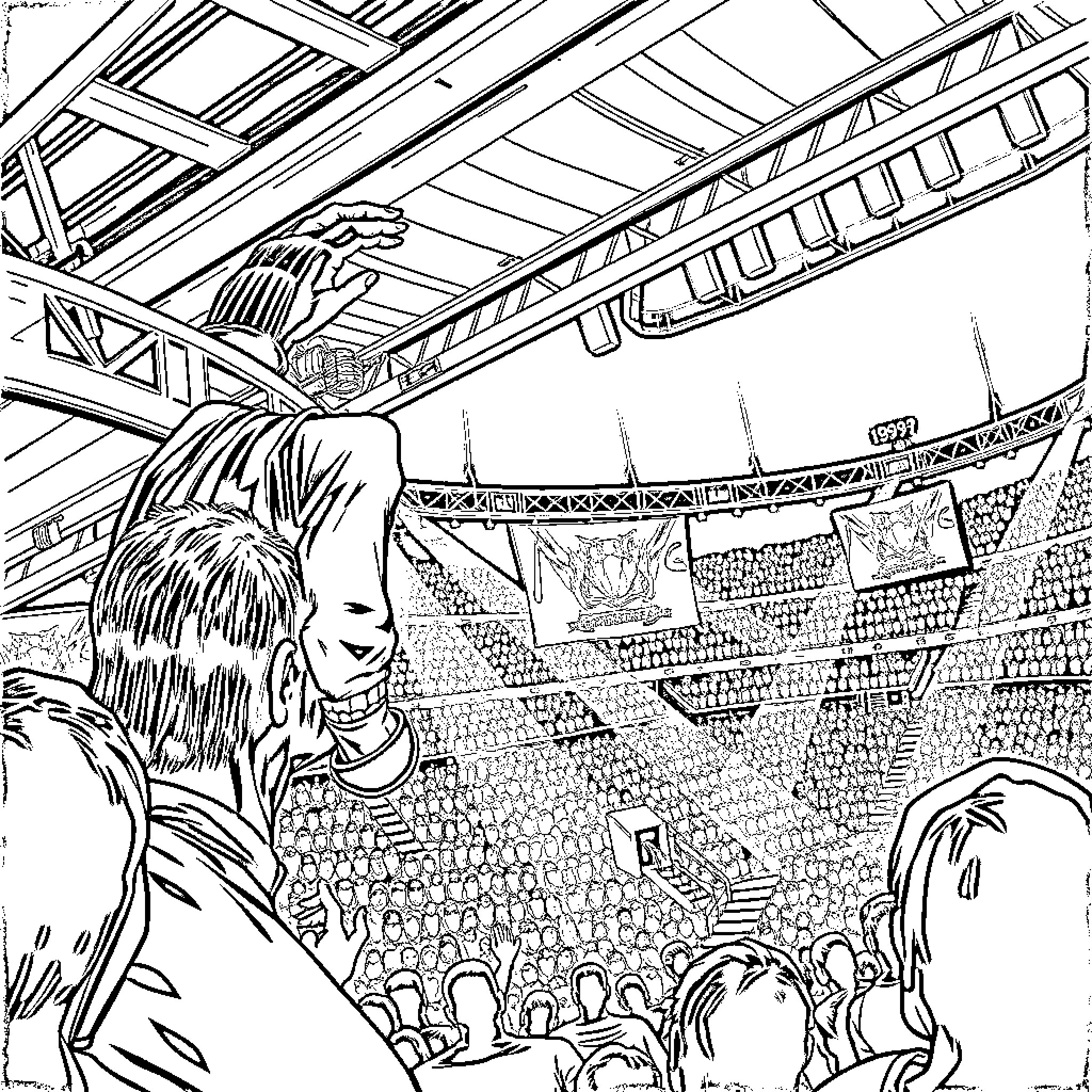 Sting performing on stage before a large crowd Coloring Page (free black-and-white line drawing printable PDF for all, from beginners to advanced learners, including children, teens, adults, and seniors)