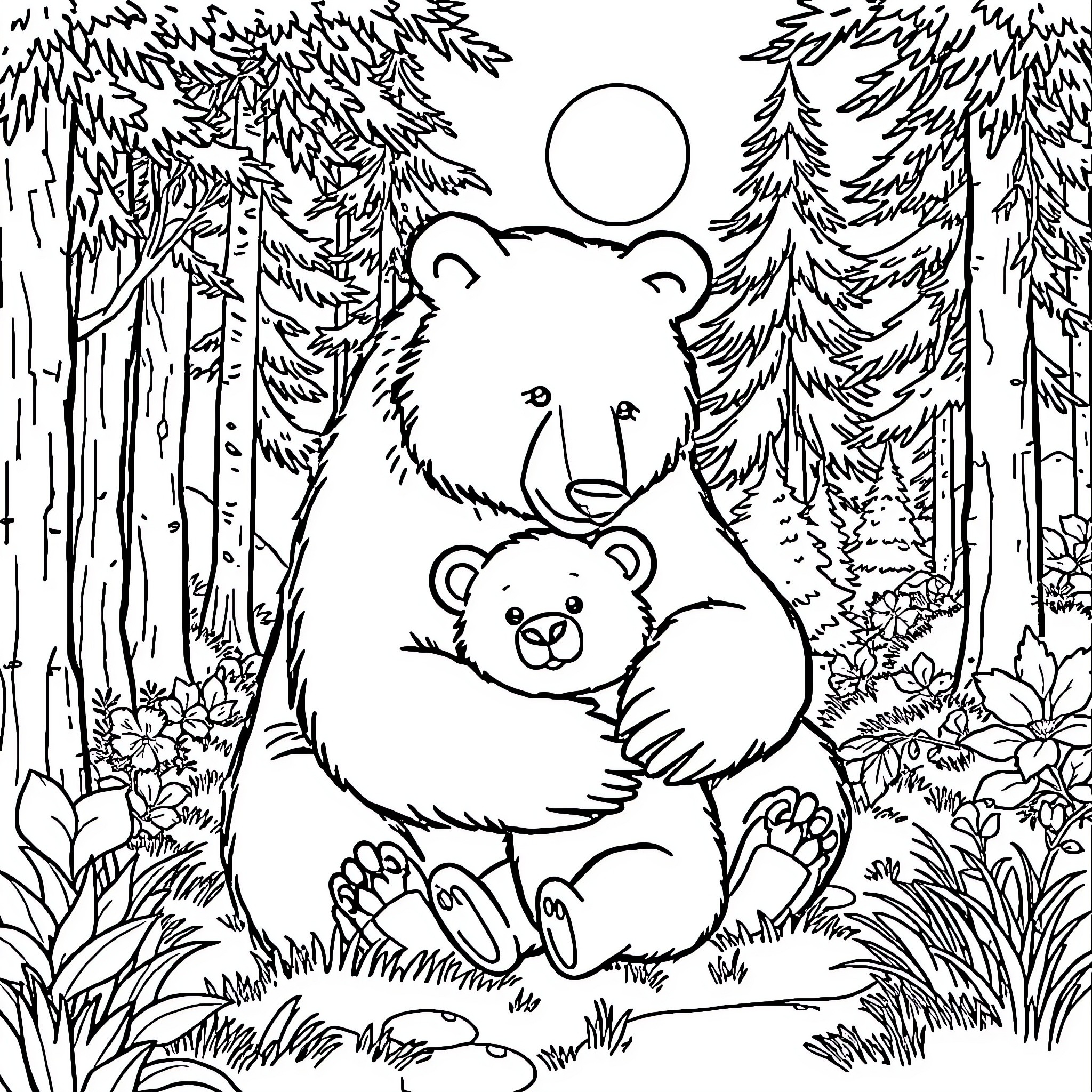 Bear and cub in forest scene Coloring Page (free black-and-white line drawing printable PDF for all, from beginners to advanced learners, including children, teens, adults, and seniors)