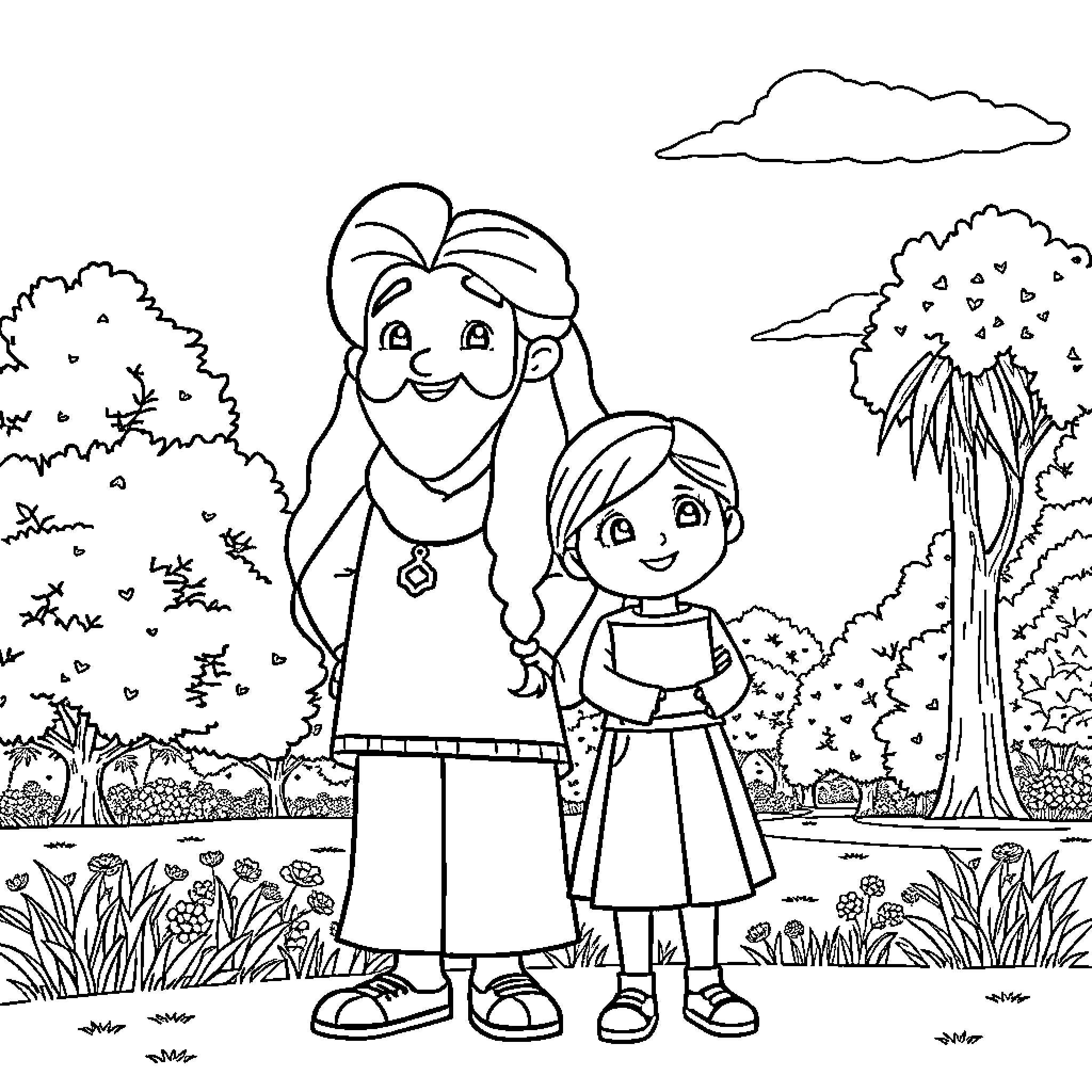Rumi and child playing in the park Coloring Page (free black-and-white line drawing printable PDF for all, from beginners to advanced learners, including children, teens, adults, and seniors)