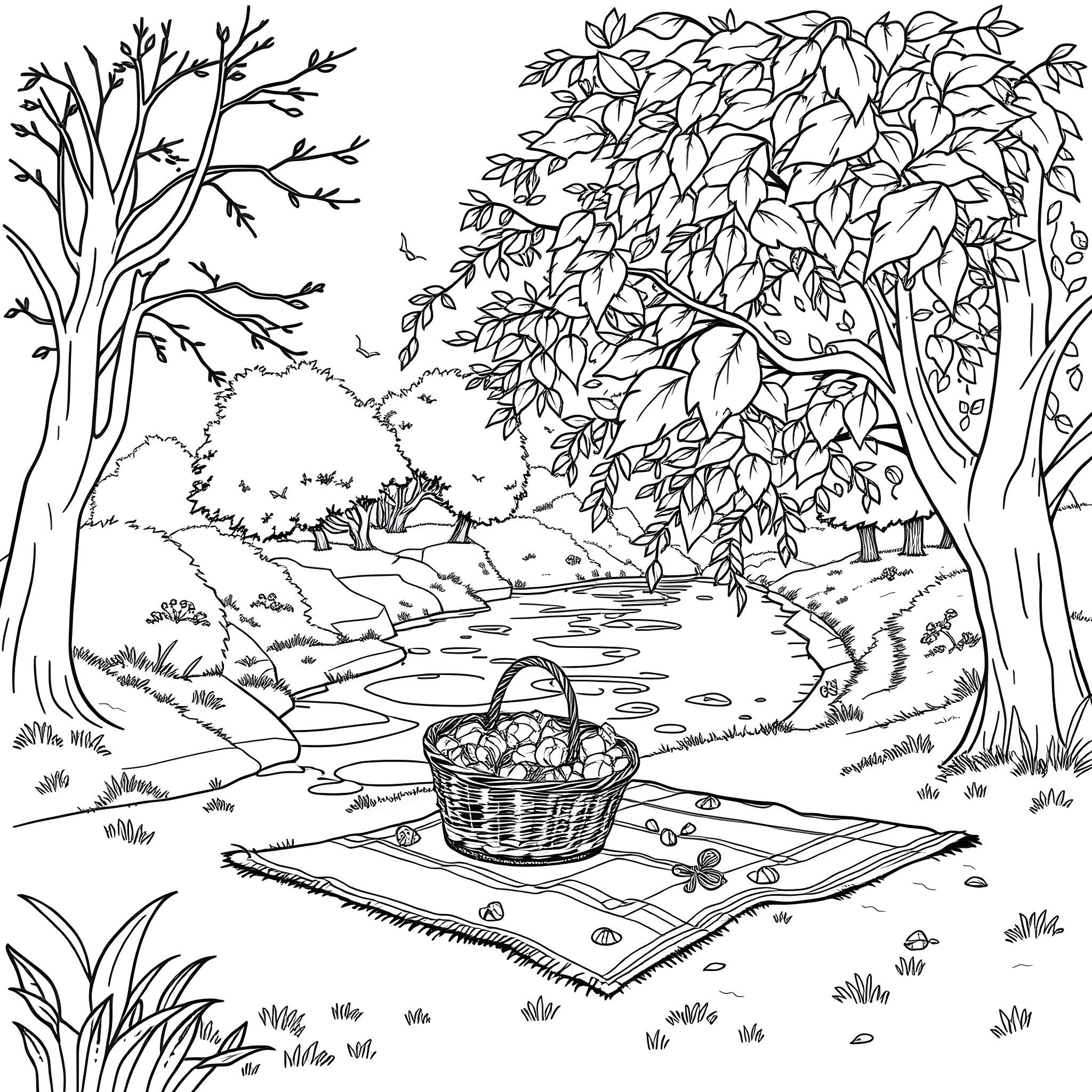 Outdoor Picnic Scene with Lush Foliage and Basket Coloring Page (free black-and-white line drawing printable PDF for all, from beginners to advanced learners, including children, teens, adults, and seniors)