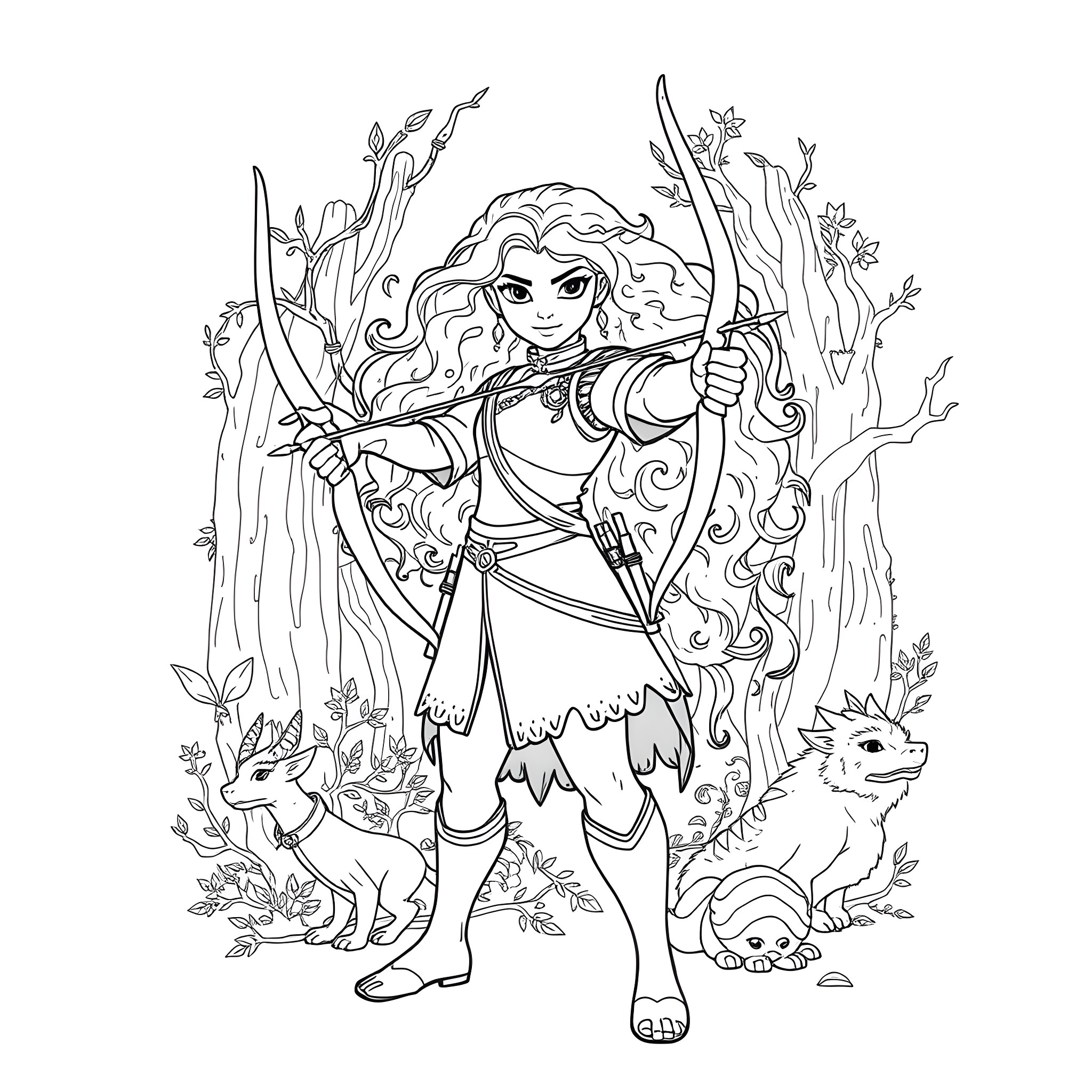 Merida's Brave Adventure in the Enchanted Forest Coloring Page (free black-and-white line drawing printable PDF for all, from beginners to advanced learners, including children, teens, adults, and seniors)