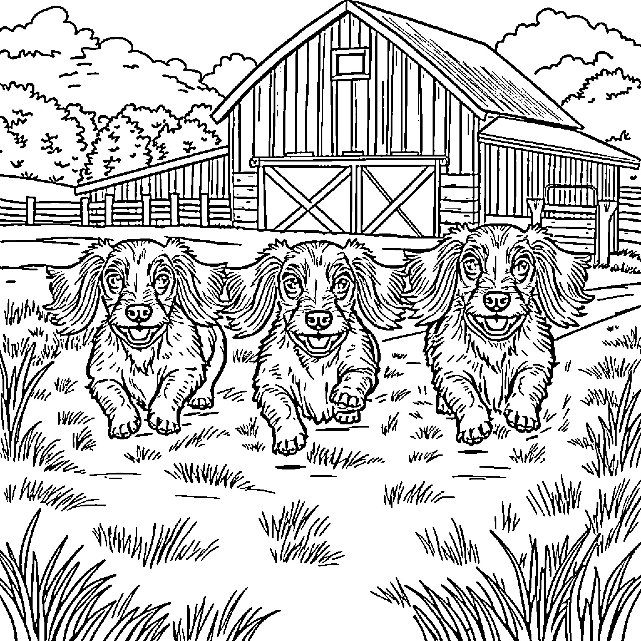 Dachshunds frolicking in the countryside Coloring Page (free black-and-white line drawing printable PDF for all, from beginners to advanced learners, including children, teens, adults, and seniors)
