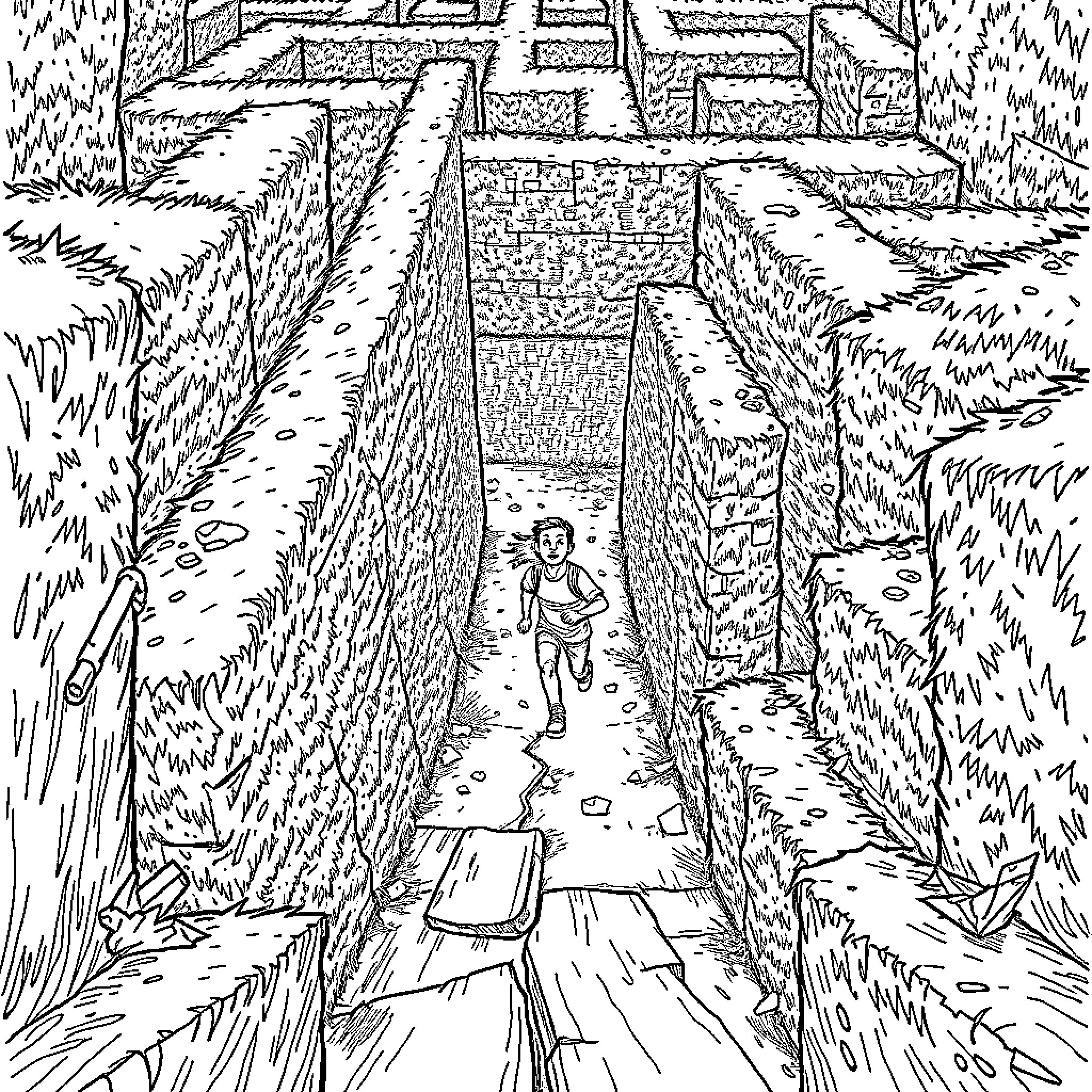 Maze Runner: Thrilling Obstacle Course in the Wilderness Coloring Page (free black-and-white line drawing printable PDF for all, from beginners to advanced learners, including children, teens, adults, and seniors)