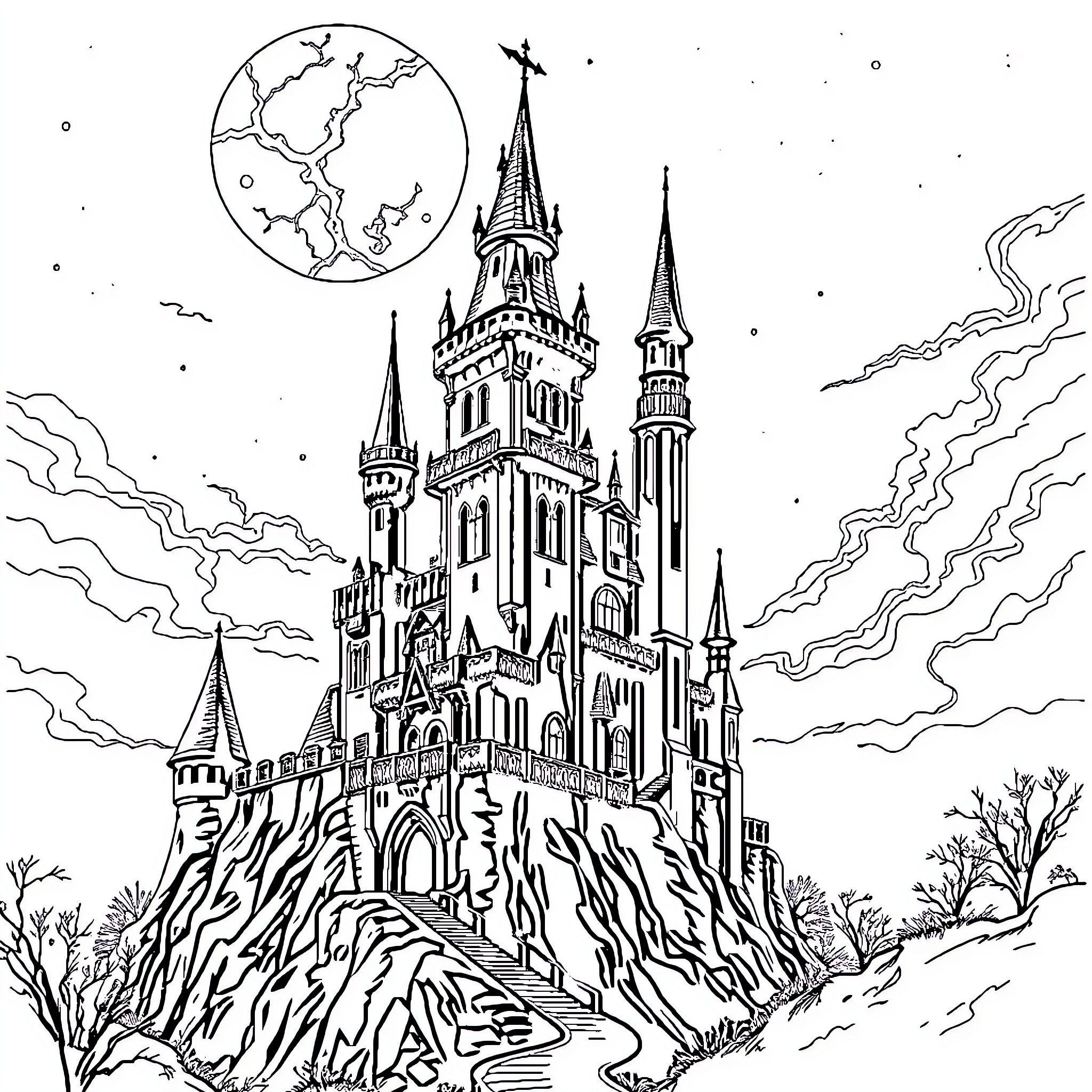 Vampire Castle on a Moonlit Night Coloring Page (free black-and-white line drawing printable PDF for all, from beginners to advanced learners, including children, teens, adults, and seniors)