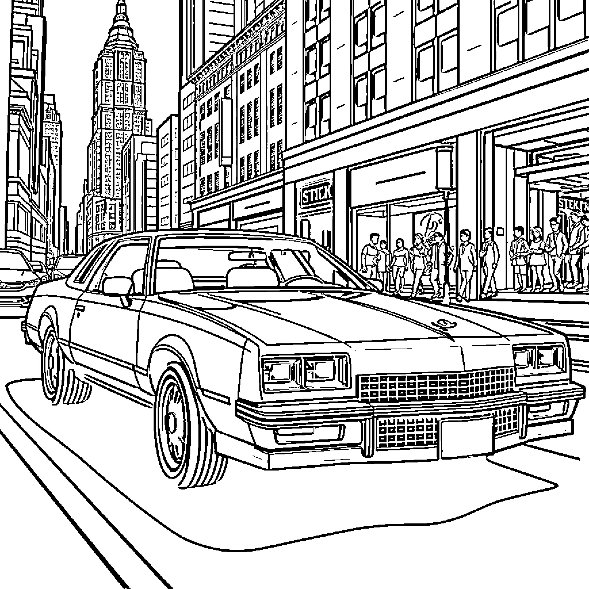 Monte Carlo Car in Bustling City Street Coloring Page (free black-and-white line drawing printable PDF for all, from beginners to advanced learners, including children, teens, adults, and seniors)