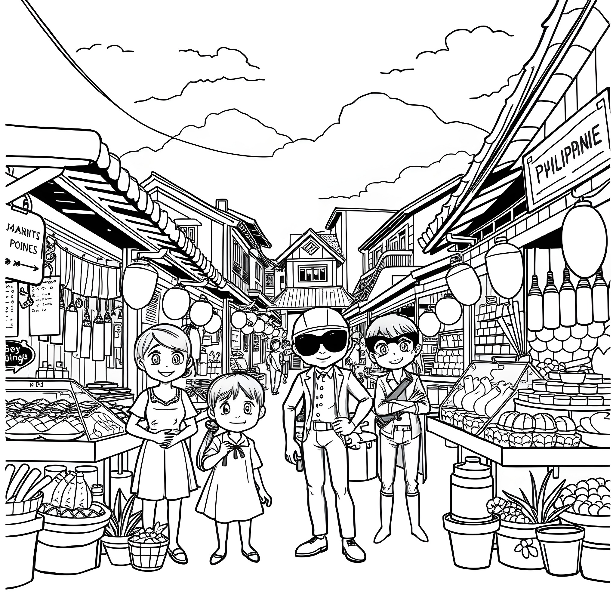 Spy X Family: Uncover the Mystery in the Bustling Market Coloring Page (free black-and-white line drawing printable PDF for all, from beginners to advanced learners, including children, teens, adults, and seniors)