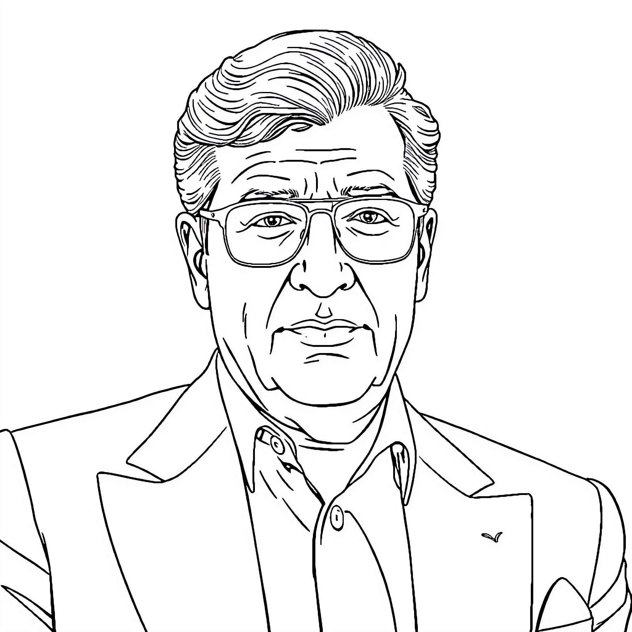 Onassis in a Formal Suit with Focused Expression Coloring Page (free black-and-white line drawing printable PDF for all, from beginners to advanced learners, including children, teens, adults, and seniors)
