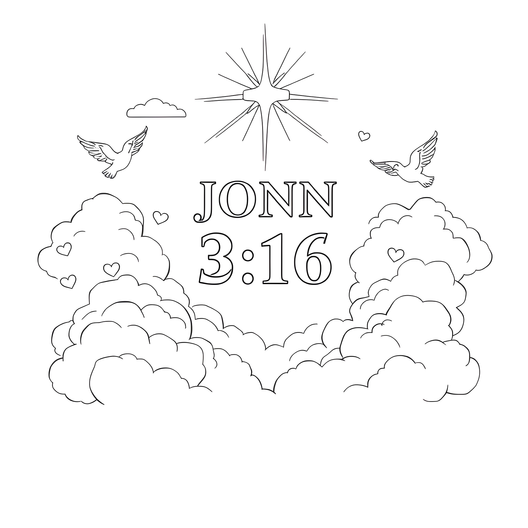Bible Verse John 3:16 with clouds and doves Coloring Page (free black-and-white line drawing printable PDF for all, from beginners to advanced learners, including children, teens, adults, and seniors)