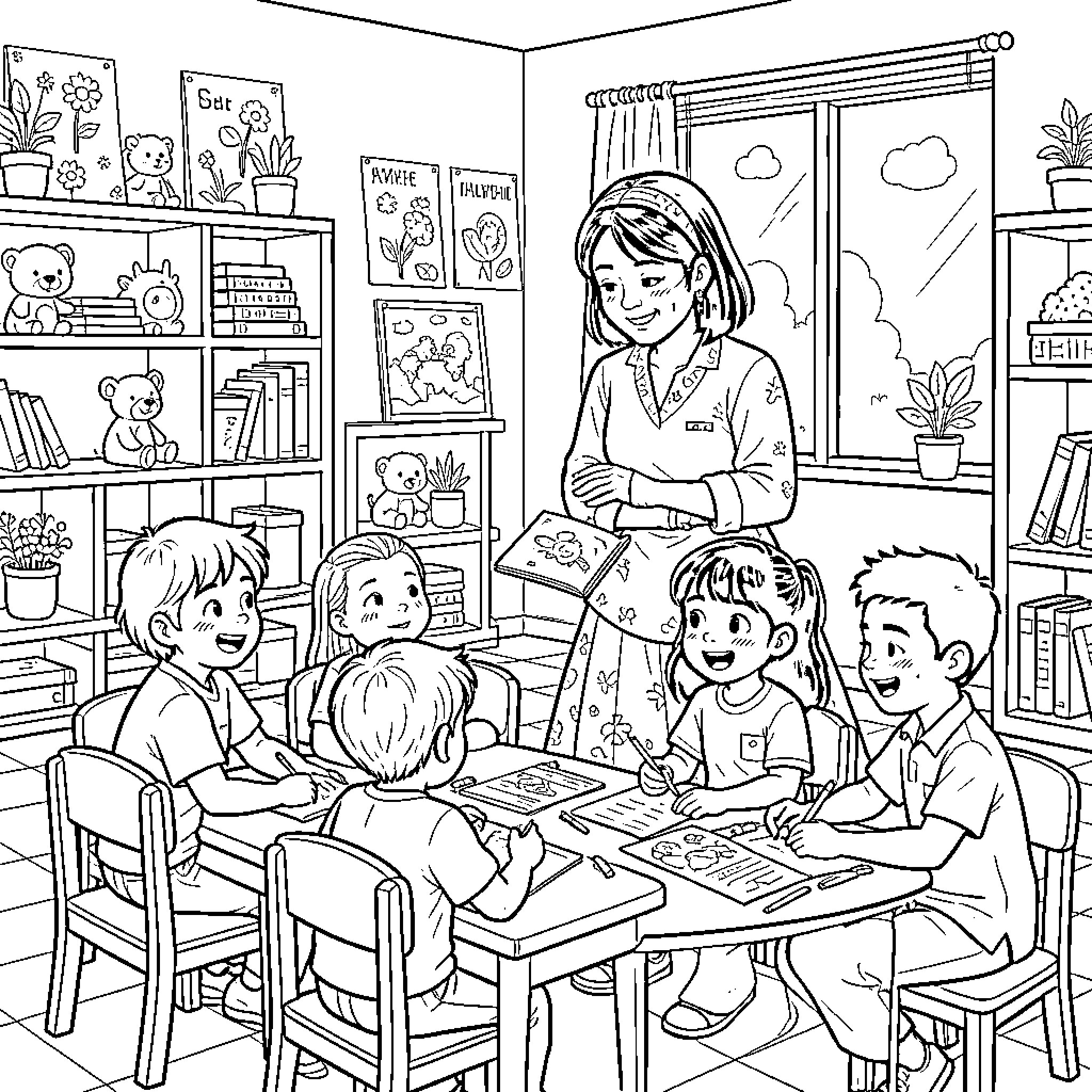 Teacher guiding students in a cozy classroom Coloring Page (free black-and-white line drawing printable PDF for all, from beginners to advanced learners, including children, teens, adults, and seniors)