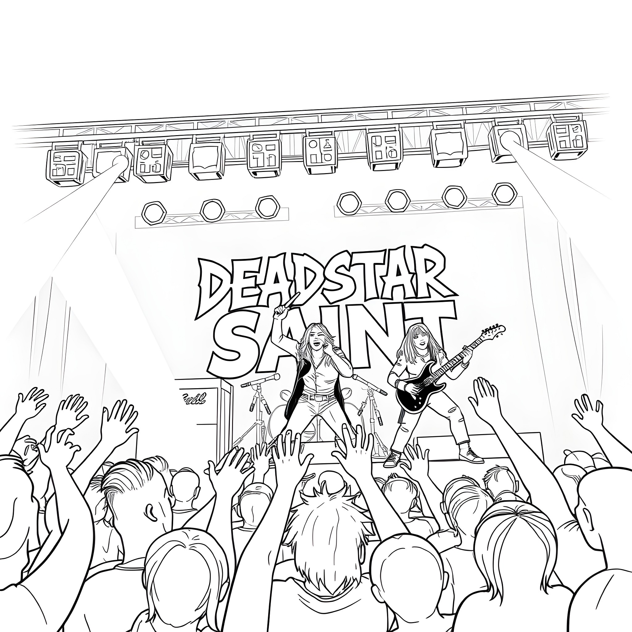 Deadstar Saint performing on stage before an enthusiastic crowd Coloring Page (free black-and-white line drawing printable PDF for all, from beginners to advanced learners, including children, teens, adults, and seniors)