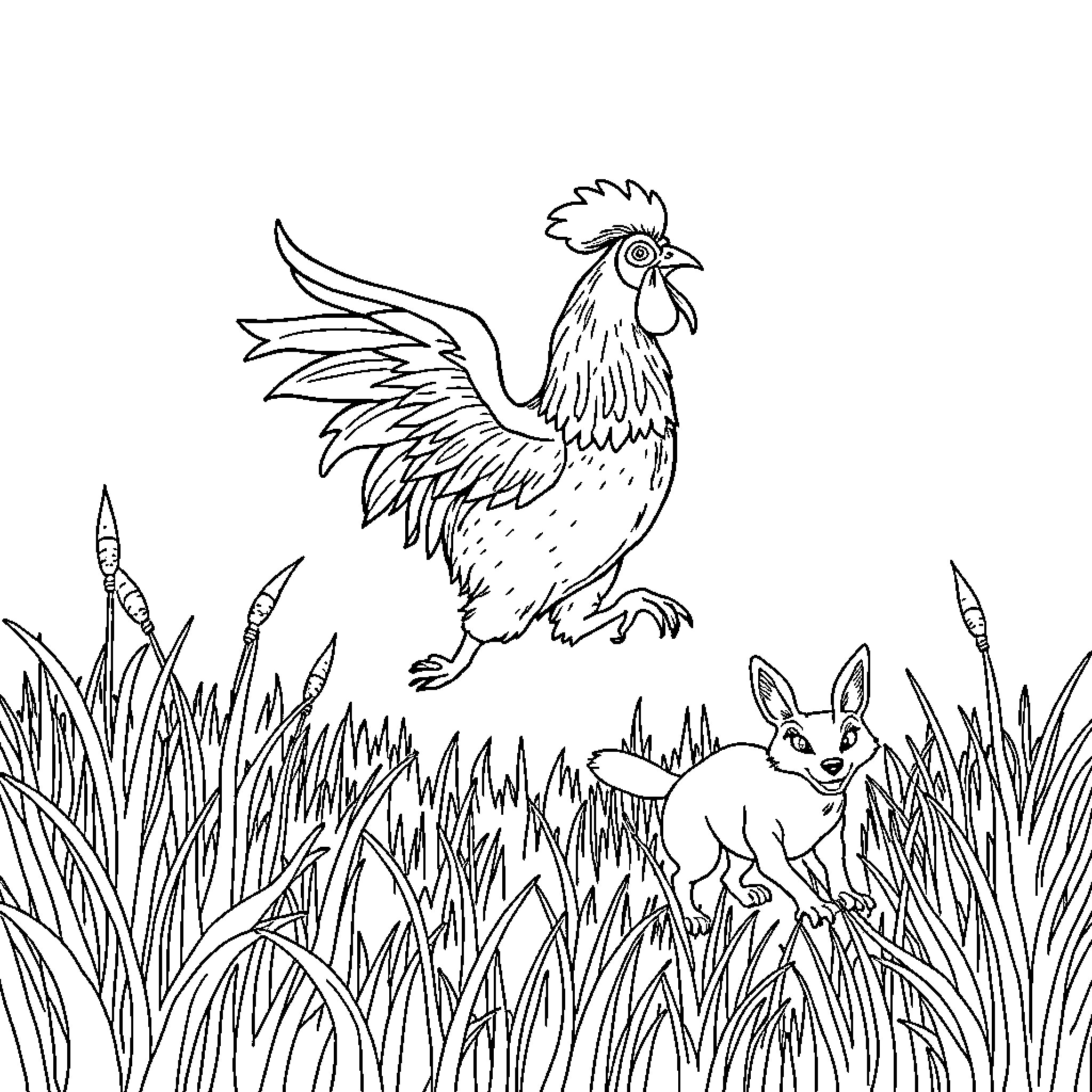 Rooster crowing and rabbit hopping in the grass Coloring Page (free black-and-white line drawing printable PDF for all, from beginners to advanced learners, including children, teens, adults, and seniors)