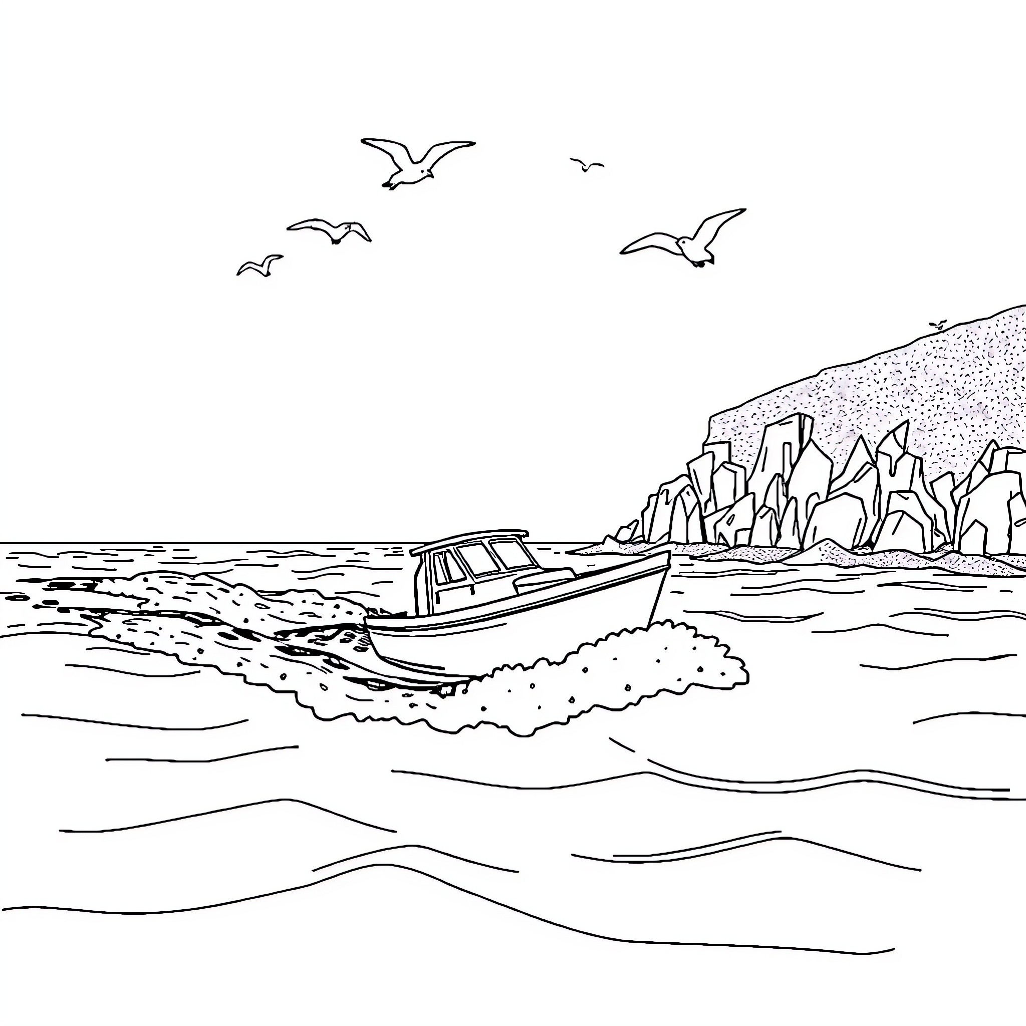 Bateau sailing across the tranquil waters Coloring Page (free black-and-white line drawing printable PDF for all, from beginners to advanced learners, including children, teens, adults, and seniors)