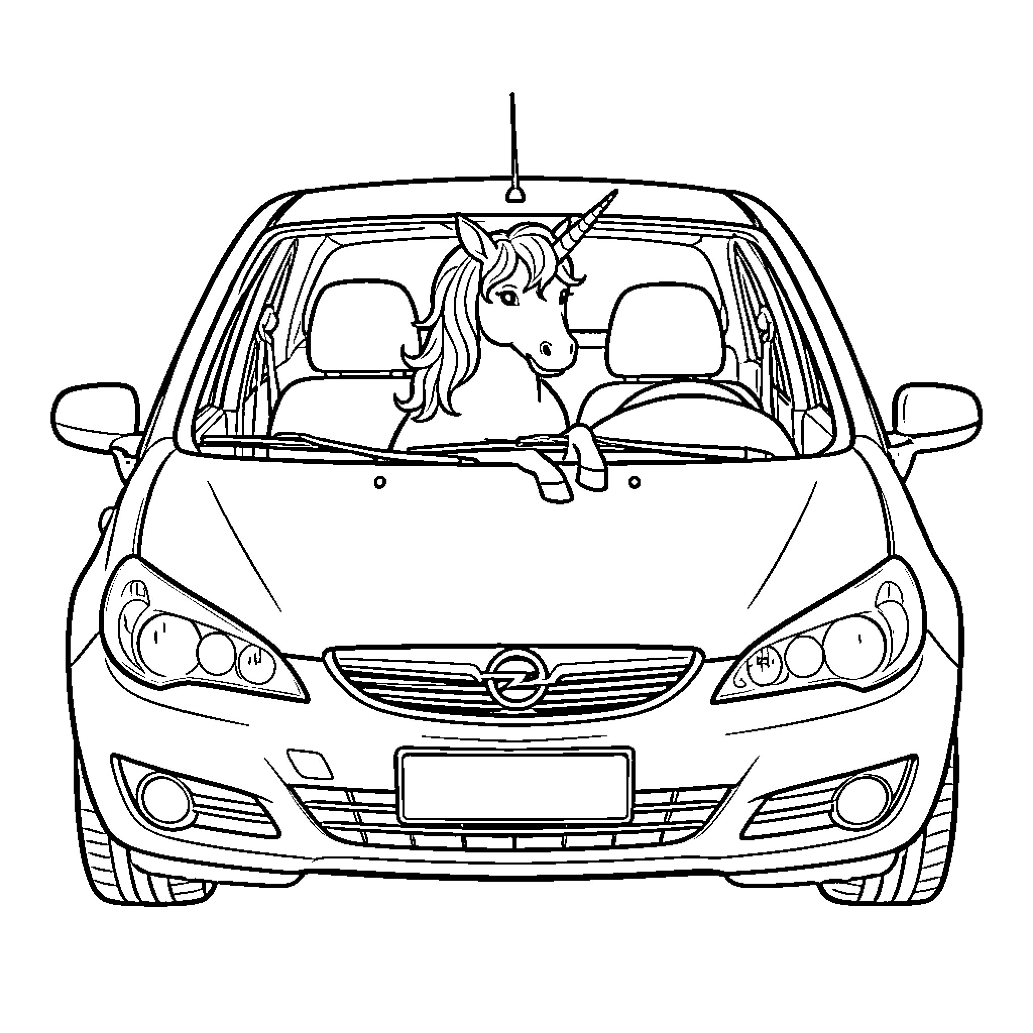 Unicorn sitting behind the wheel of a car Coloring Page (free black-and-white line drawing printable PDF for all, from beginners to advanced learners, including children, teens, adults, and seniors)