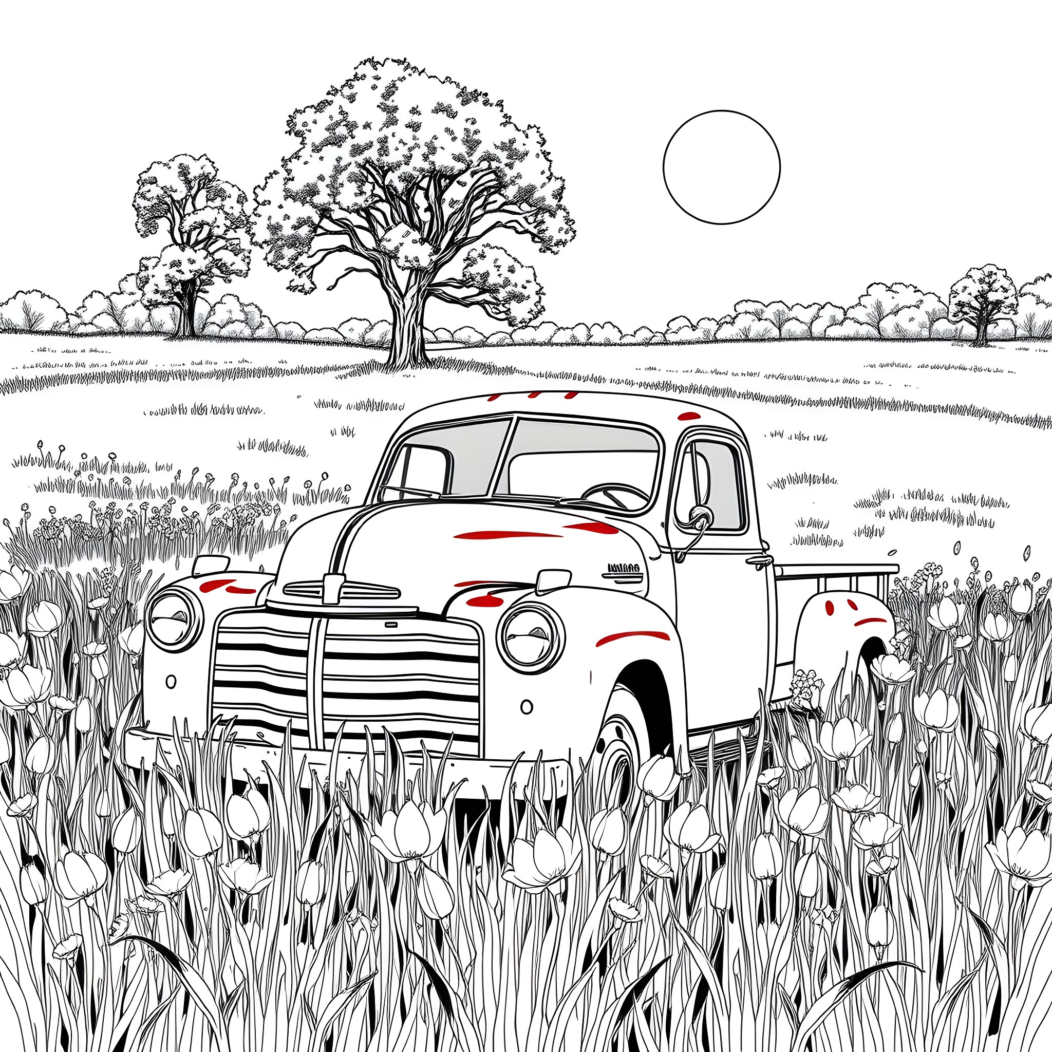 Truck parked in a field of flowers under a tree Coloring Page (free black-and-white line drawing printable PDF for all, from beginners to advanced learners, including children, teens, adults, and seniors)