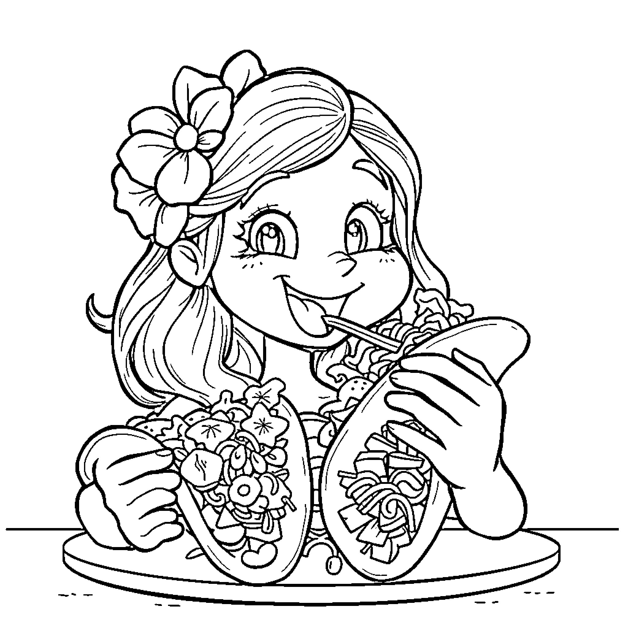 Mira enjoying a floral display Coloring Page (free black-and-white line drawing printable PDF for all, from beginners to advanced learners, including children, teens, adults, and seniors)