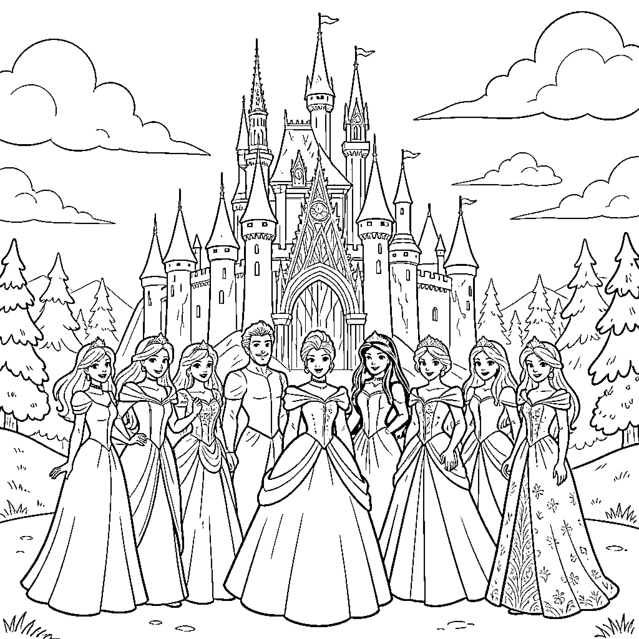 Princesses standing together in front of a grand castle Coloring Page (free black-and-white line drawing printable PDF for all, from beginners to advanced learners, including children, teens, adults, and seniors)