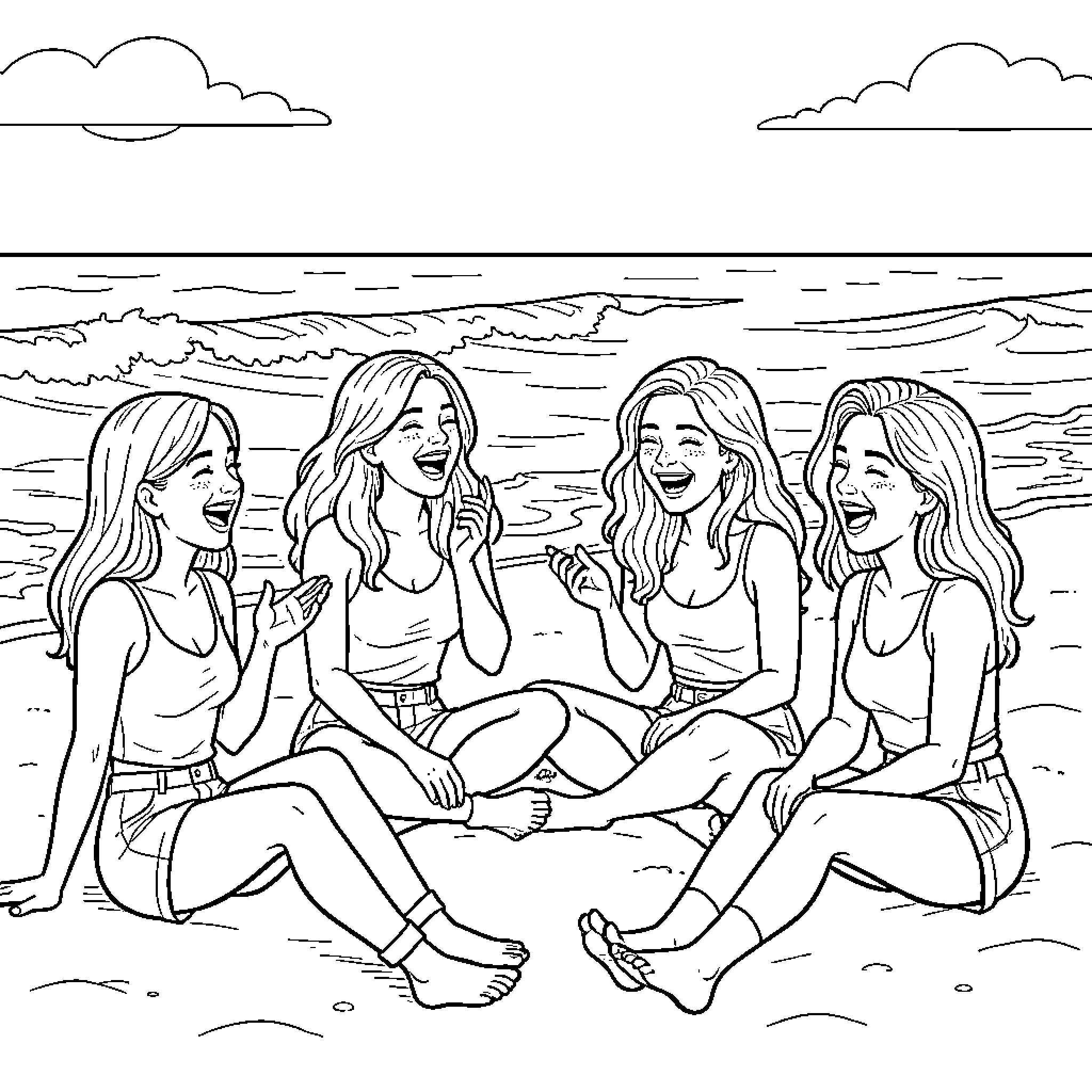 Lady friends laughing together on a beach Coloring Page (free black-and-white line drawing printable PDF for all, from beginners to advanced learners, including children, teens, adults, and seniors)