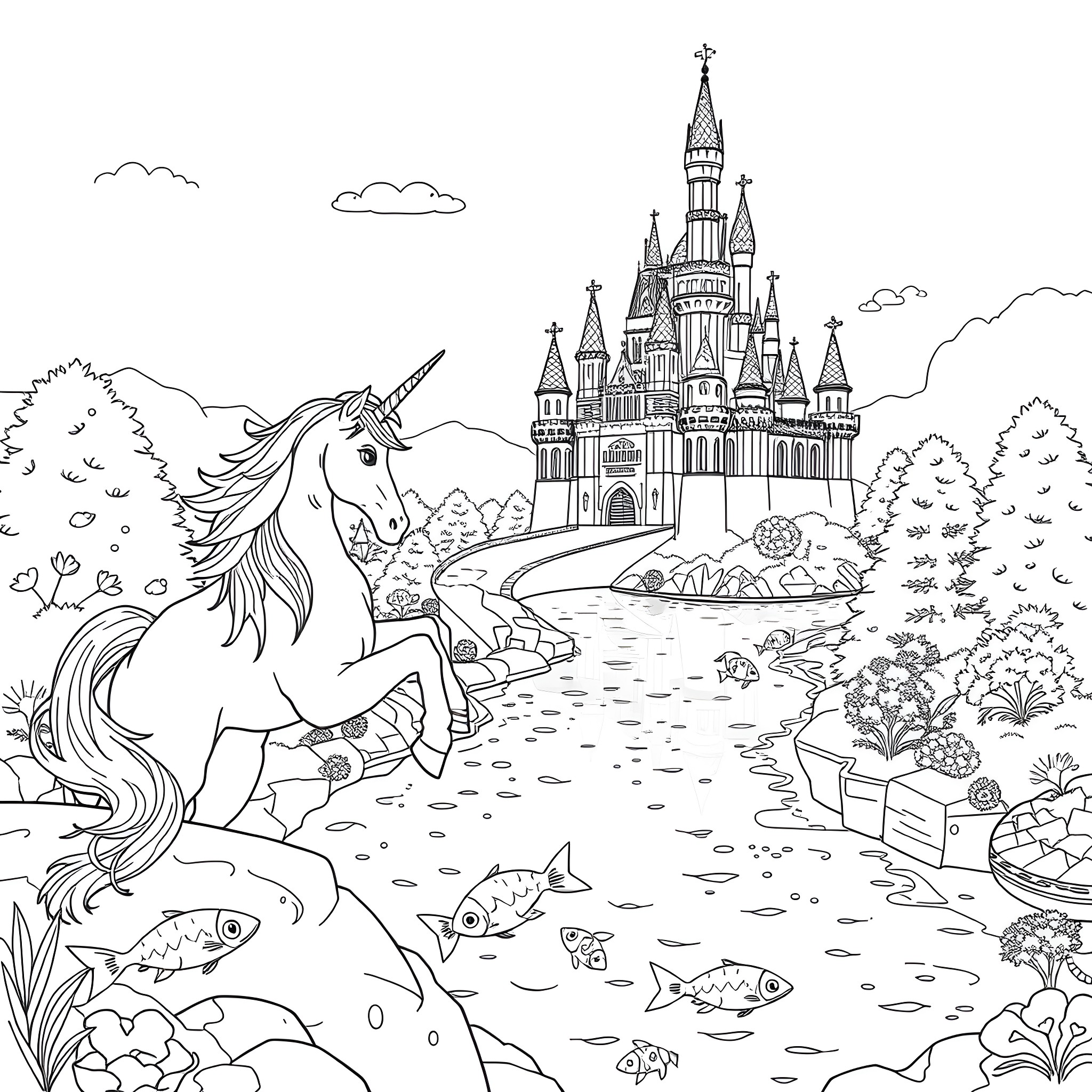 Unicorn wandering near a magical castle Coloring Page (free black-and-white line drawing printable PDF for all, from beginners to advanced learners, including children, teens, adults, and seniors)