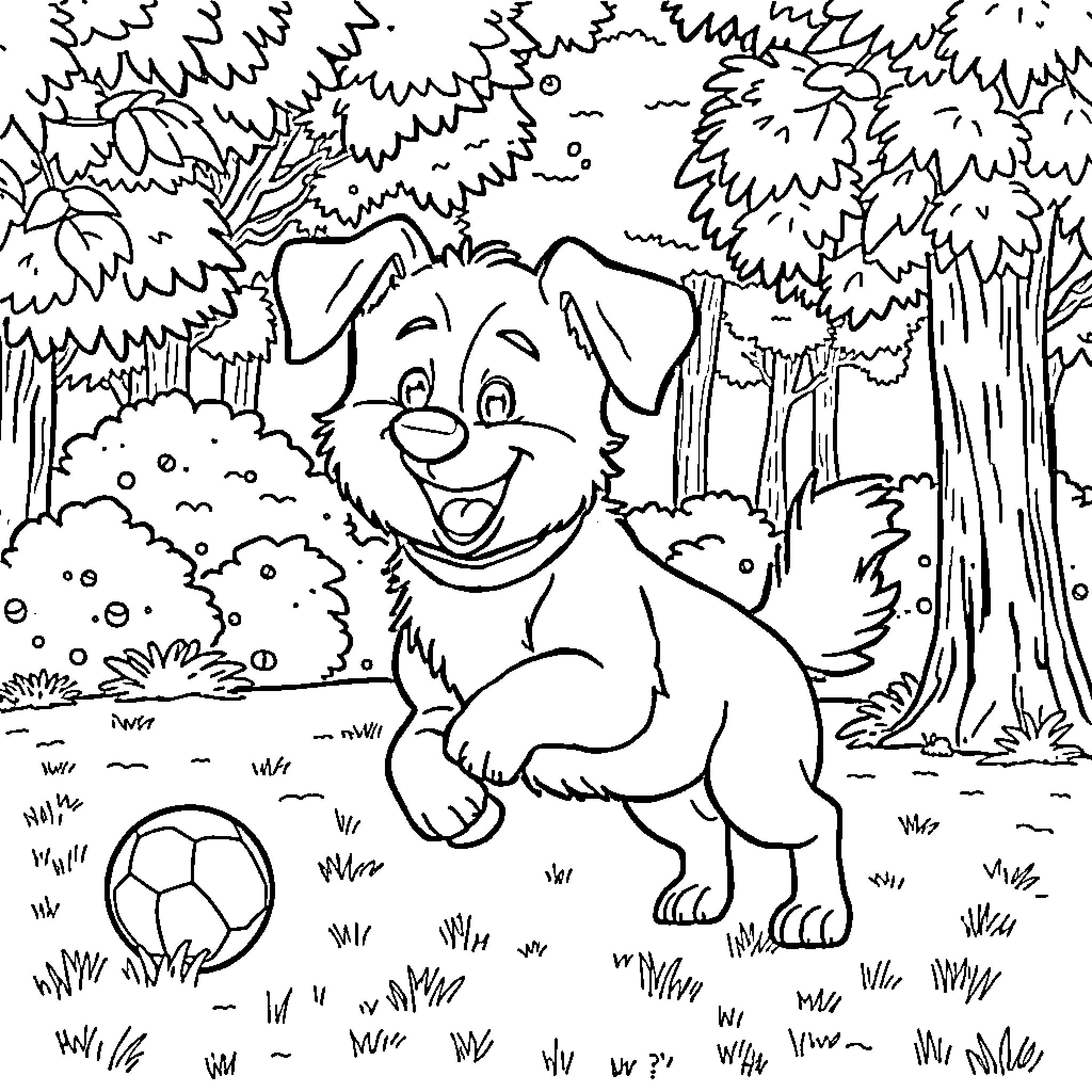 Dog playing with ball in the forest Coloring Page (free black-and-white line drawing printable PDF for all, from beginners to advanced learners, including children, teens, adults, and seniors)