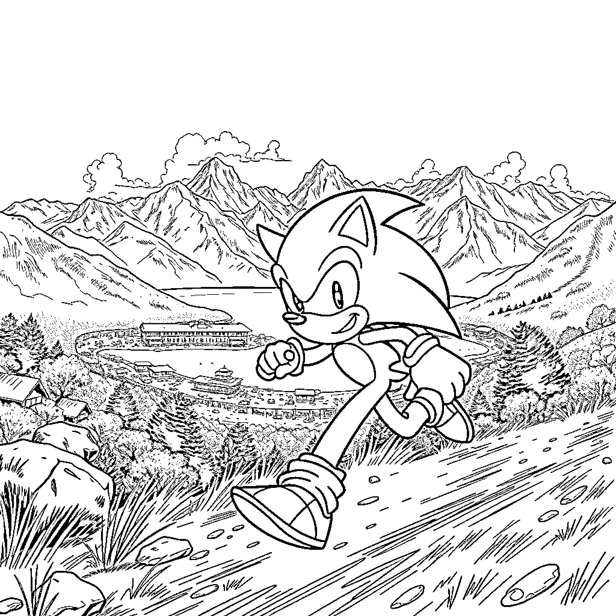 Sonic exploring mountainous landscape adventure Coloring Page (free black-and-white line drawing printable PDF for all, from beginners to advanced learners, including children, teens, adults, and seniors)