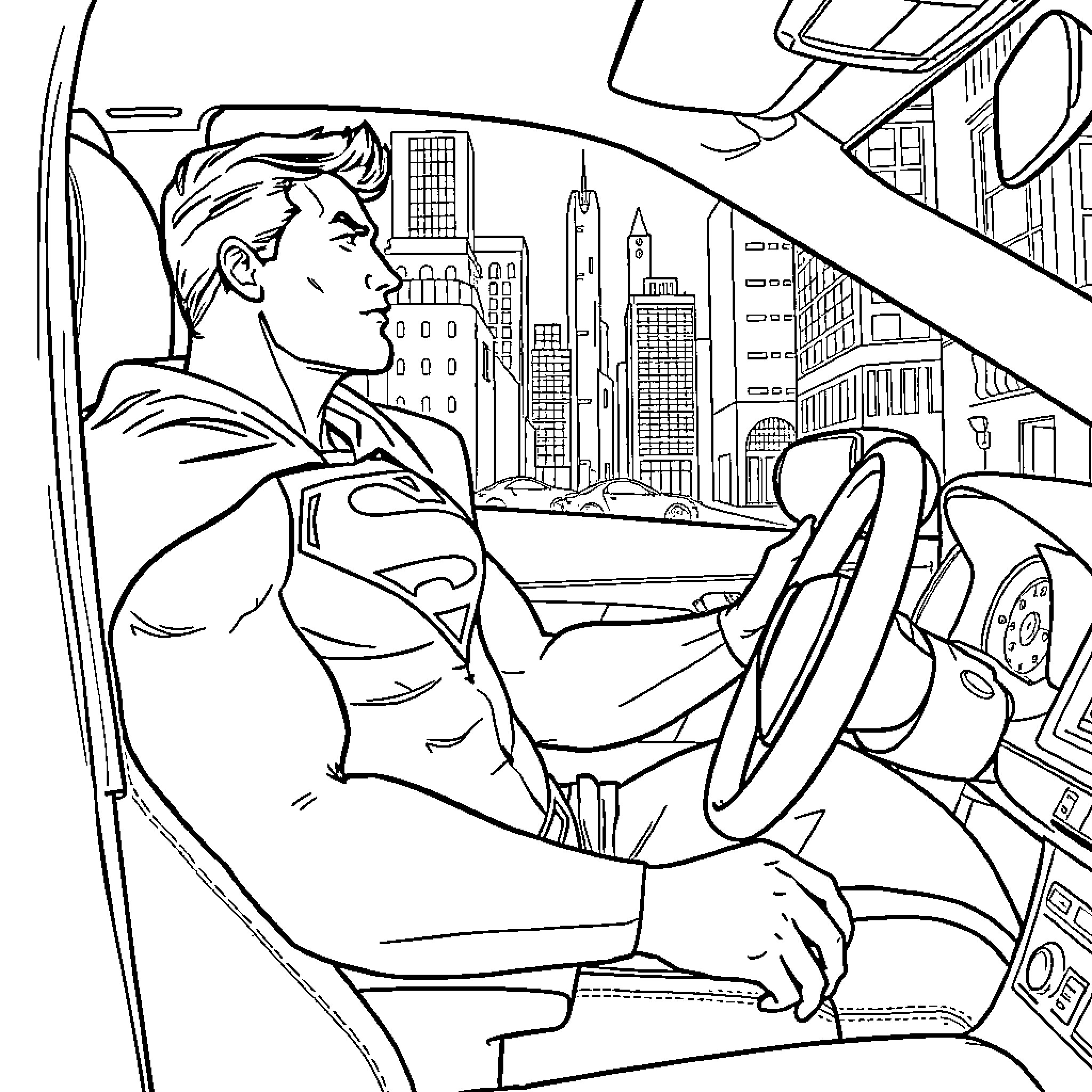 Superman driving through the city streets Coloring Page (free black-and-white line drawing printable PDF for all, from beginners to advanced learners, including children, teens, adults, and seniors)