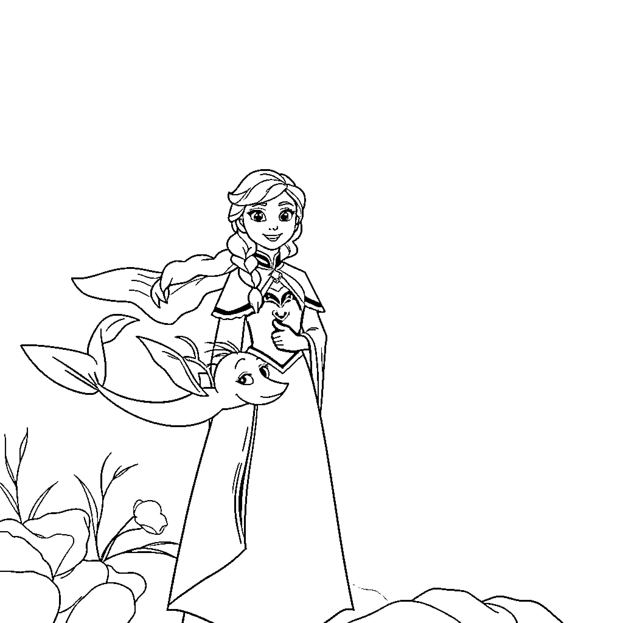 Princess Exploring with Friendly Creature Coloring Page (free black-and-white line drawing printable PDF for all, from beginners to advanced learners, including children, teens, adults, and seniors)