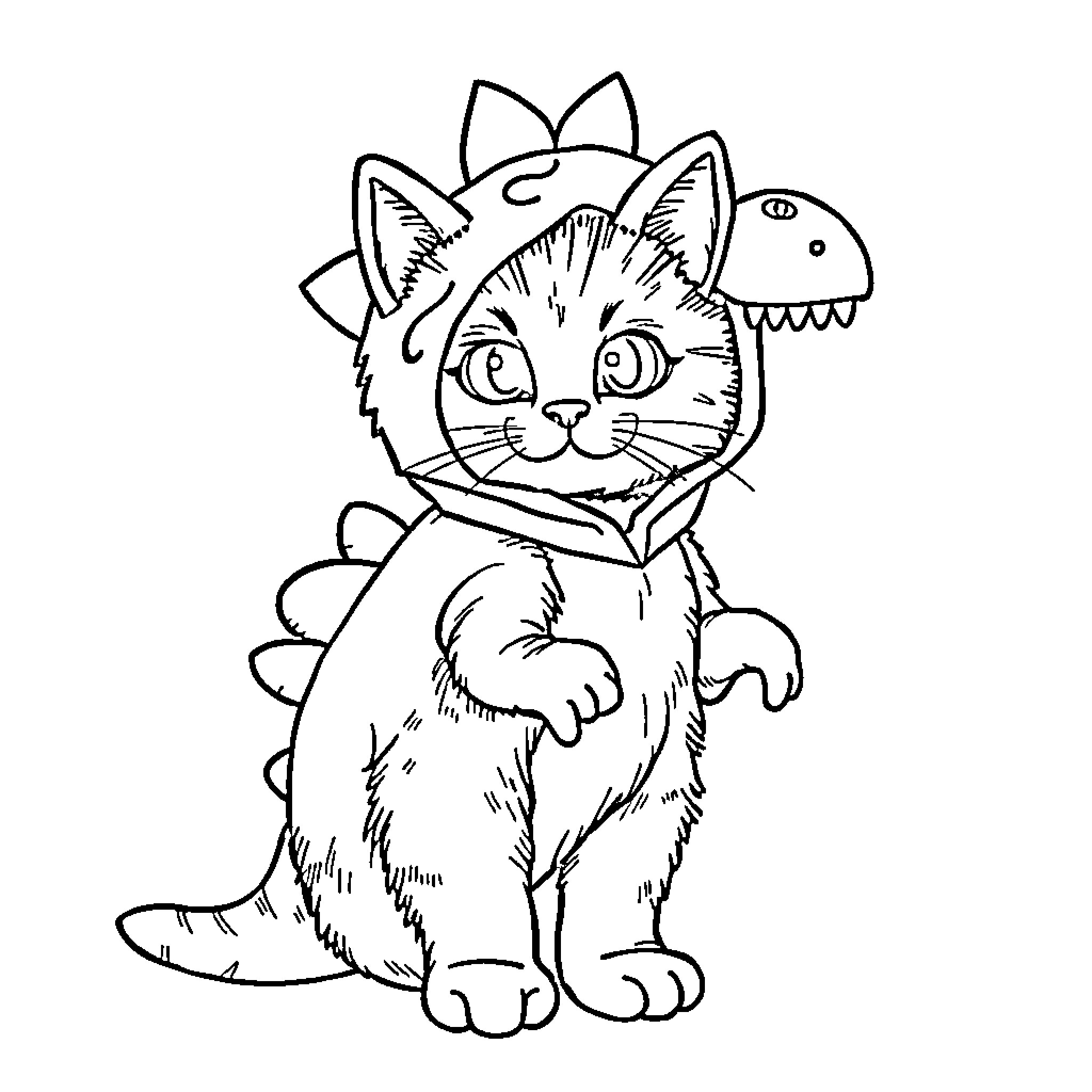 Cat dressed up as a dinosaur Coloring Page (free black-and-white line drawing printable PDF for all, from beginners to advanced learners, including children, teens, adults, and seniors)