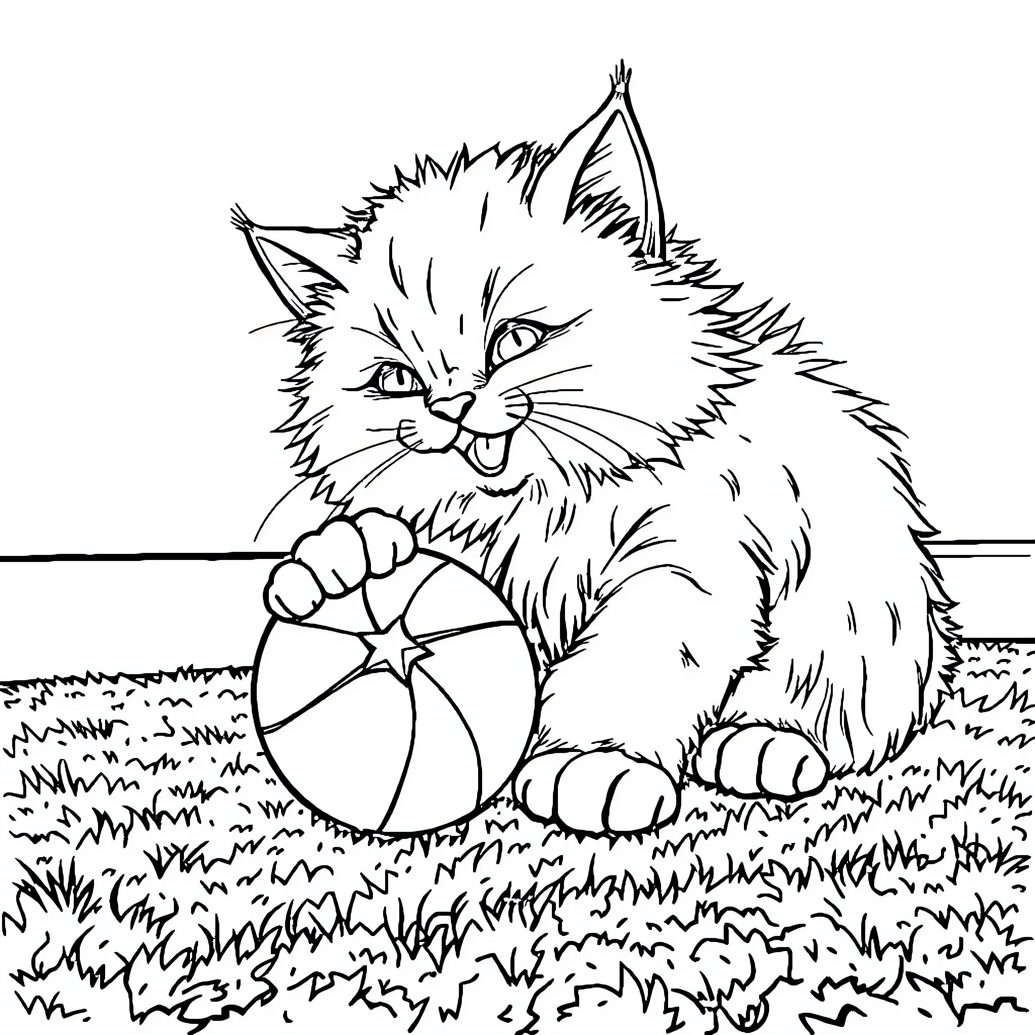 Cat with Playful Toy on Grassy Field Coloring Page (free black-and-white line drawing printable PDF for all, from beginners to advanced learners, including children, teens, adults, and seniors)