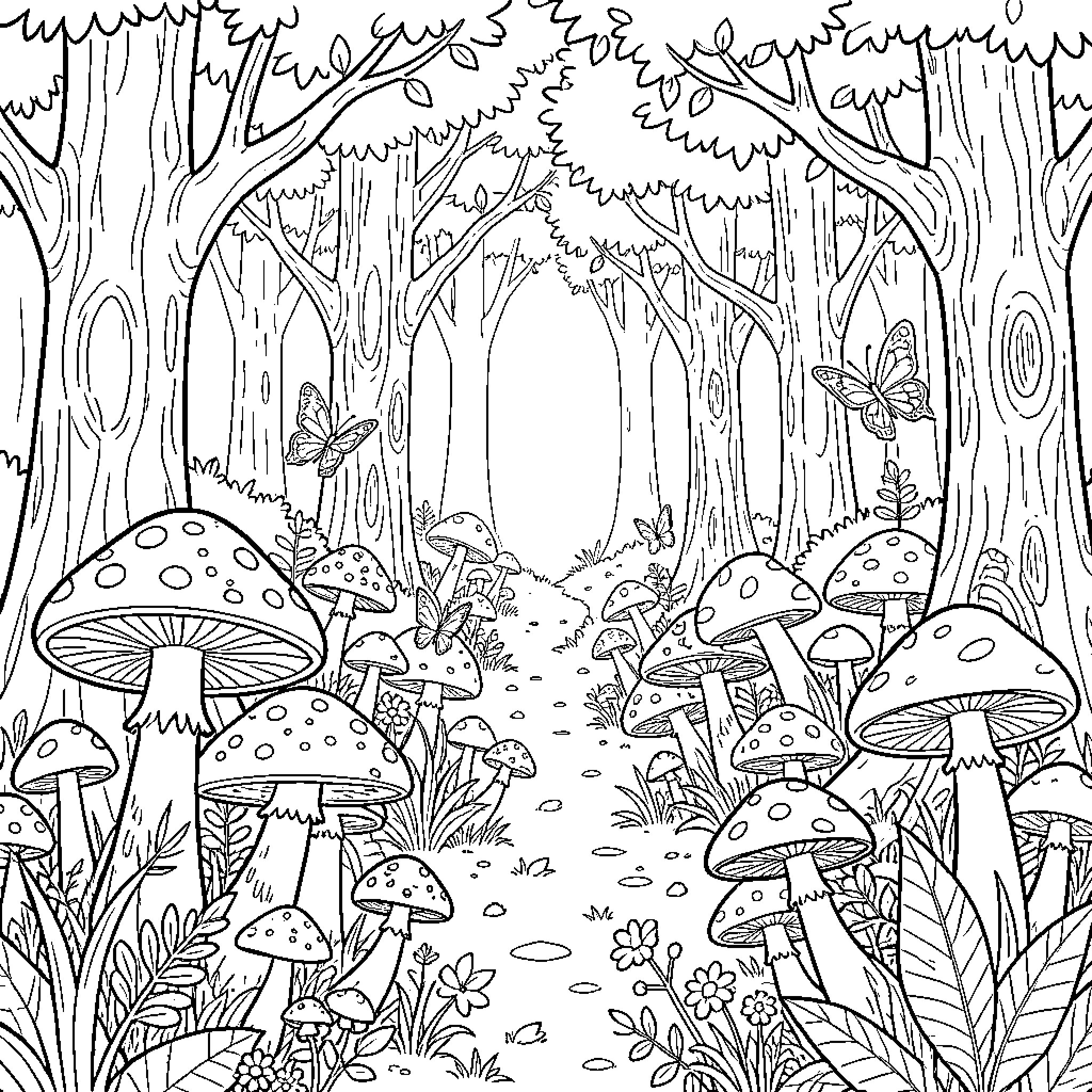 Forest Filled with Whimsical Mushrooms and Butterflies Coloring Page (free black-and-white line drawing printable PDF for all, from beginners to advanced learners, including children, teens, adults, and seniors)