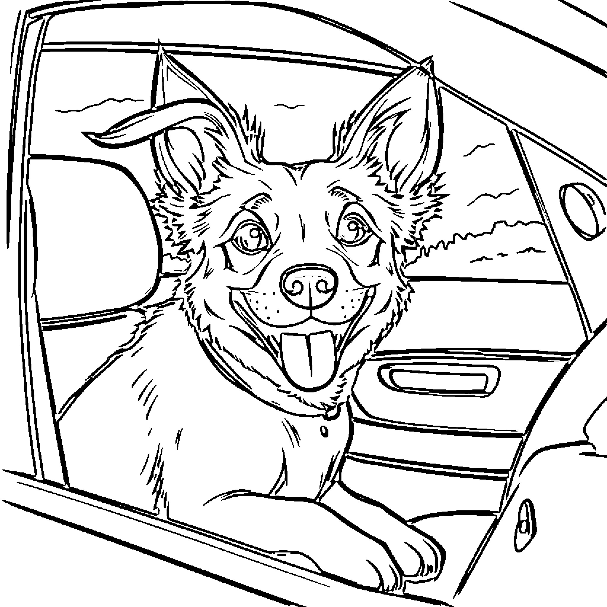 Dog enjoying a car ride with excitement Coloring Page (free black-and-white line drawing printable PDF for all, from beginners to advanced learners, including children, teens, adults, and seniors)