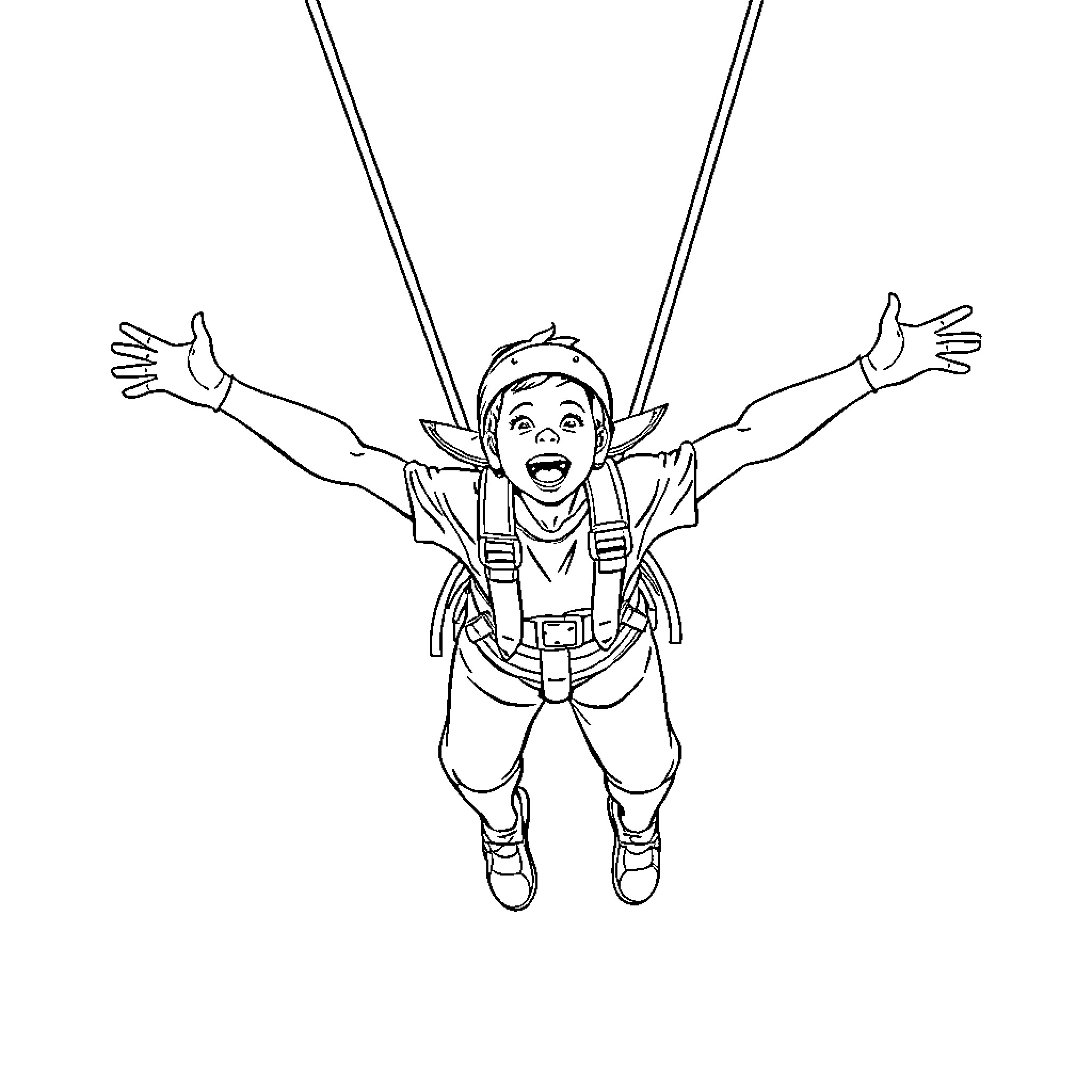 Person enjoying free-falling bungee jump Coloring Page (free black-and-white line drawing printable PDF for all, from beginners to advanced learners, including children, teens, adults, and seniors)