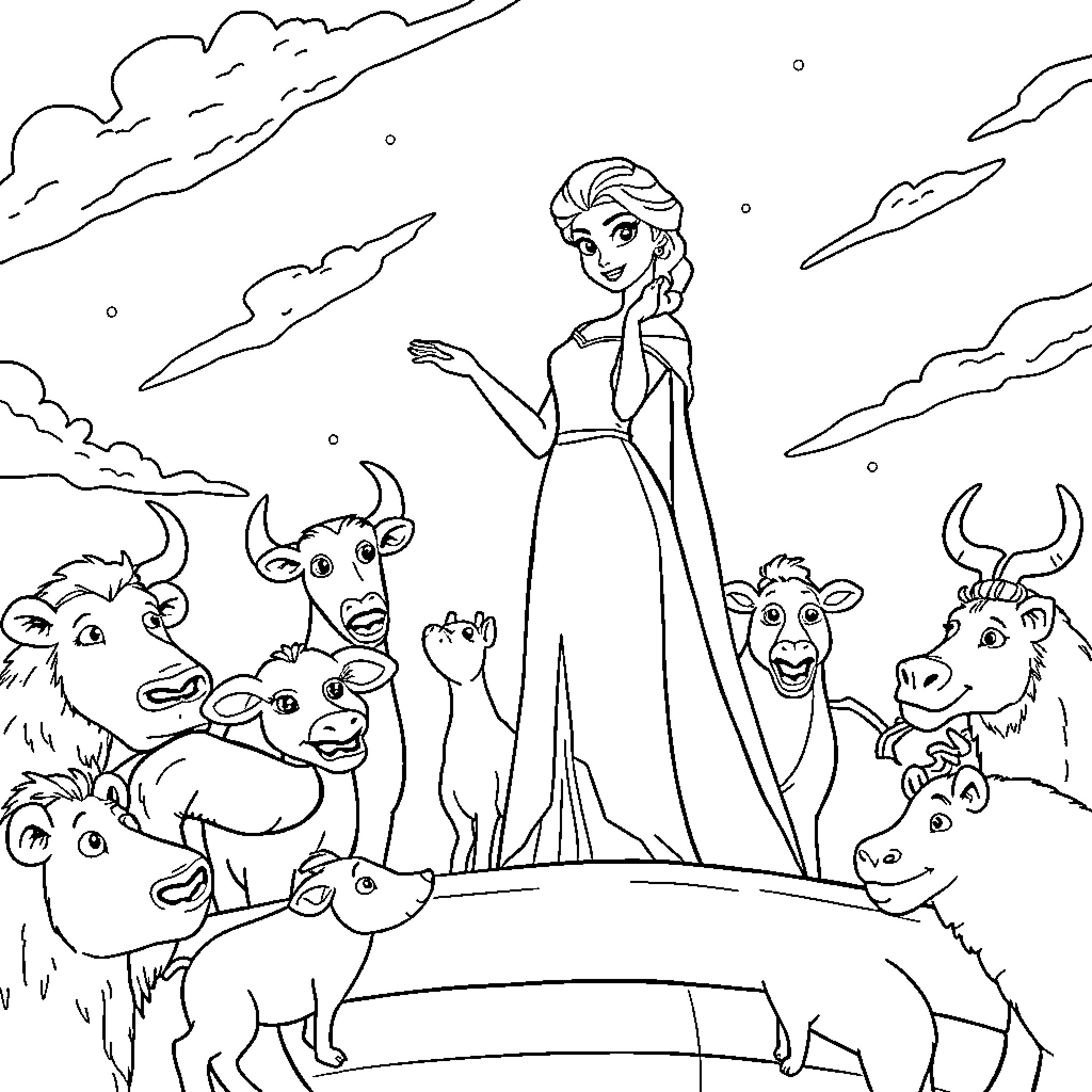 Elsa's Magical Adventure with Snow Friends Coloring Page (free black-and-white line drawing printable PDF for all, from beginners to advanced learners, including children, teens, adults, and seniors)